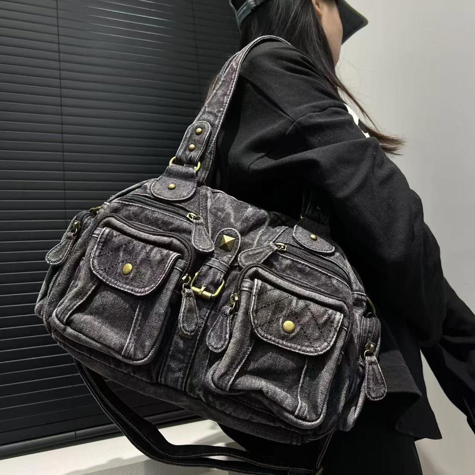 Vintage Black Vintage Style Denim Handbag with Multiple Pockets Size ONE SIZE - 1 Thumbnail