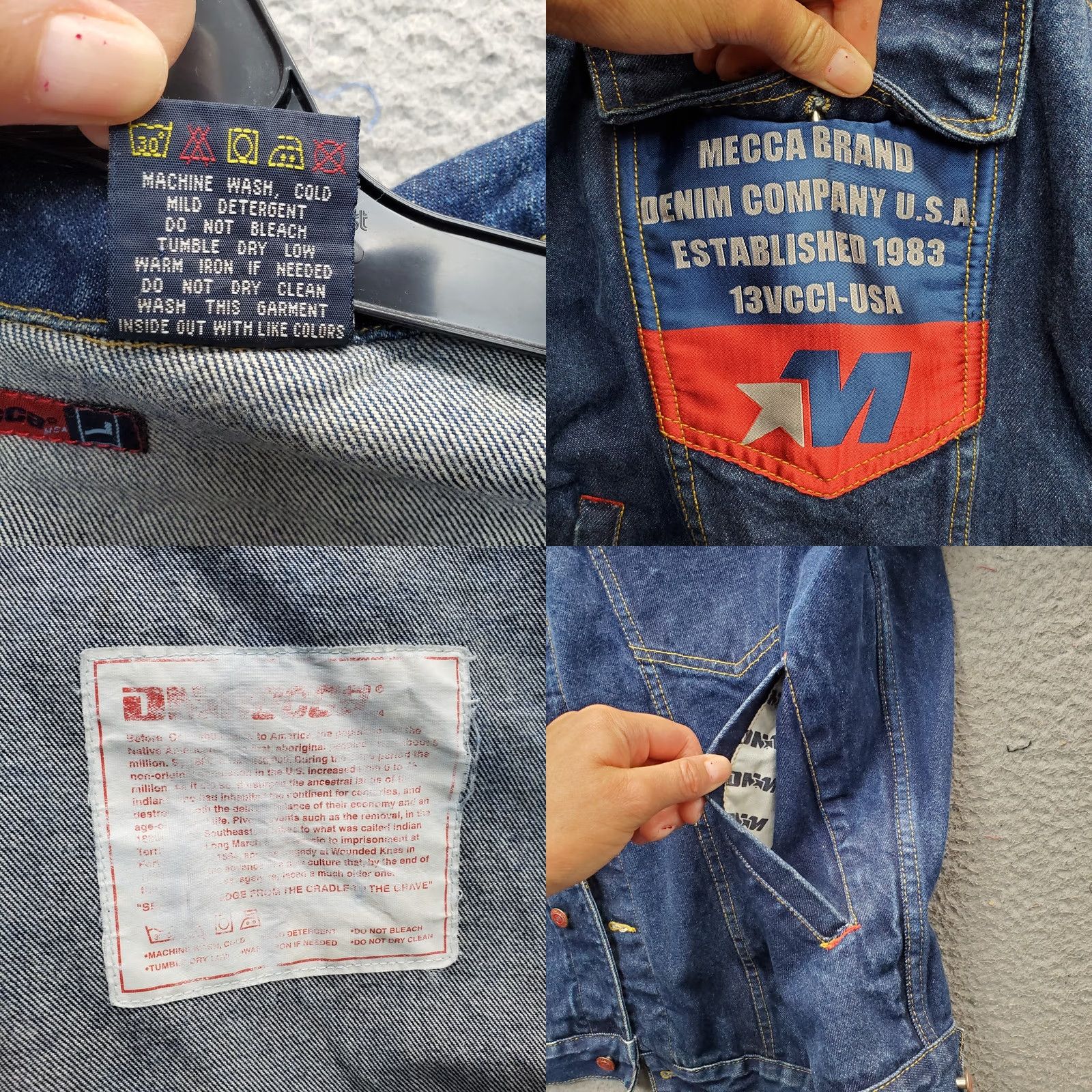 Vintage VINTAGE Mecca Jean Jacket Mens Large Blue Denim Hip Hop Graphic Patch Streetwear Jacket Size US 33 - 8 Thumbnail