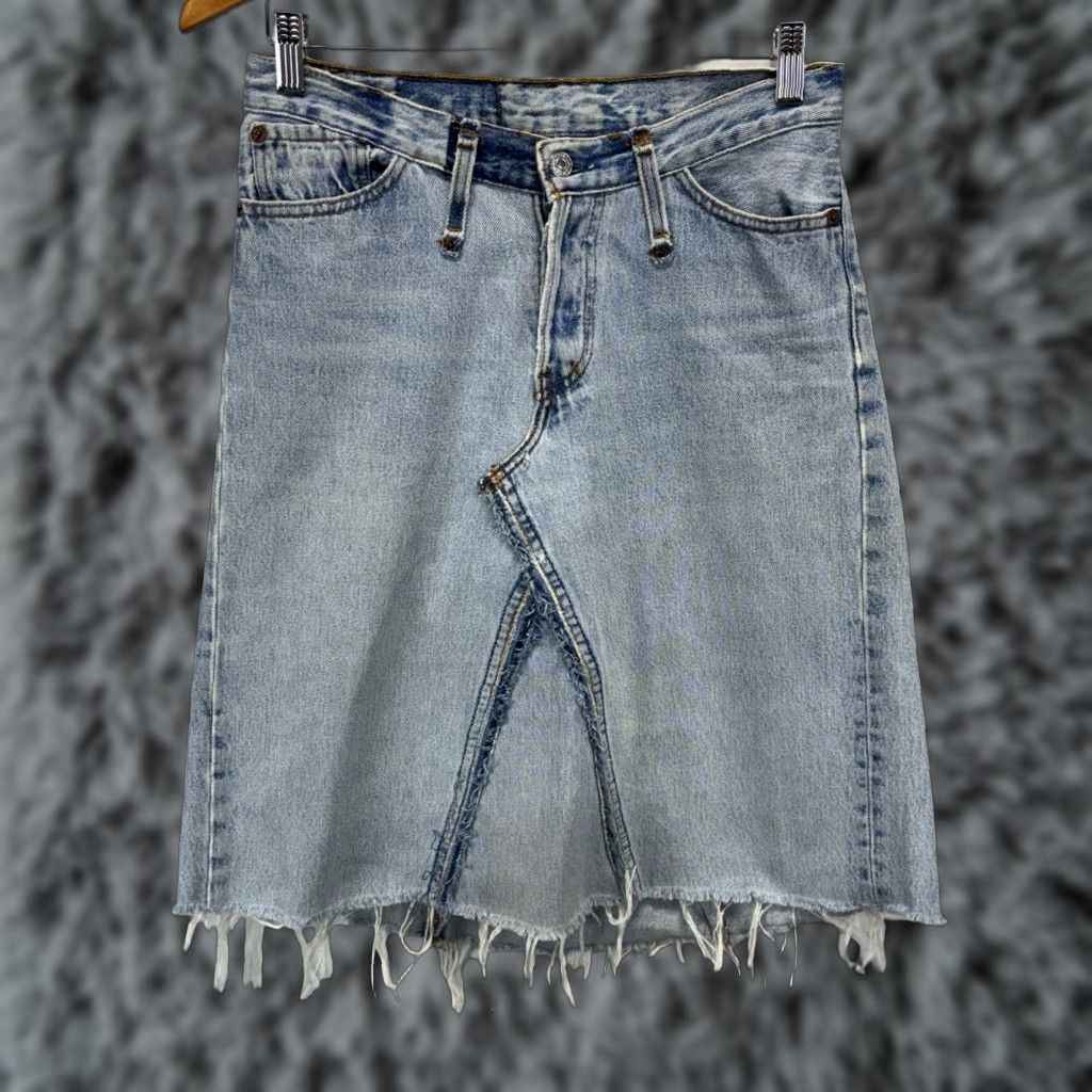 Levi's VINTAGE Levi's X J Bush Hollywood Creations Button Fly Denim Skirt Women 29 Blue 29" Waist Knee-Length Distressed Raw Hem 90s USA Womens Size 29" - 1 Thumbnail
