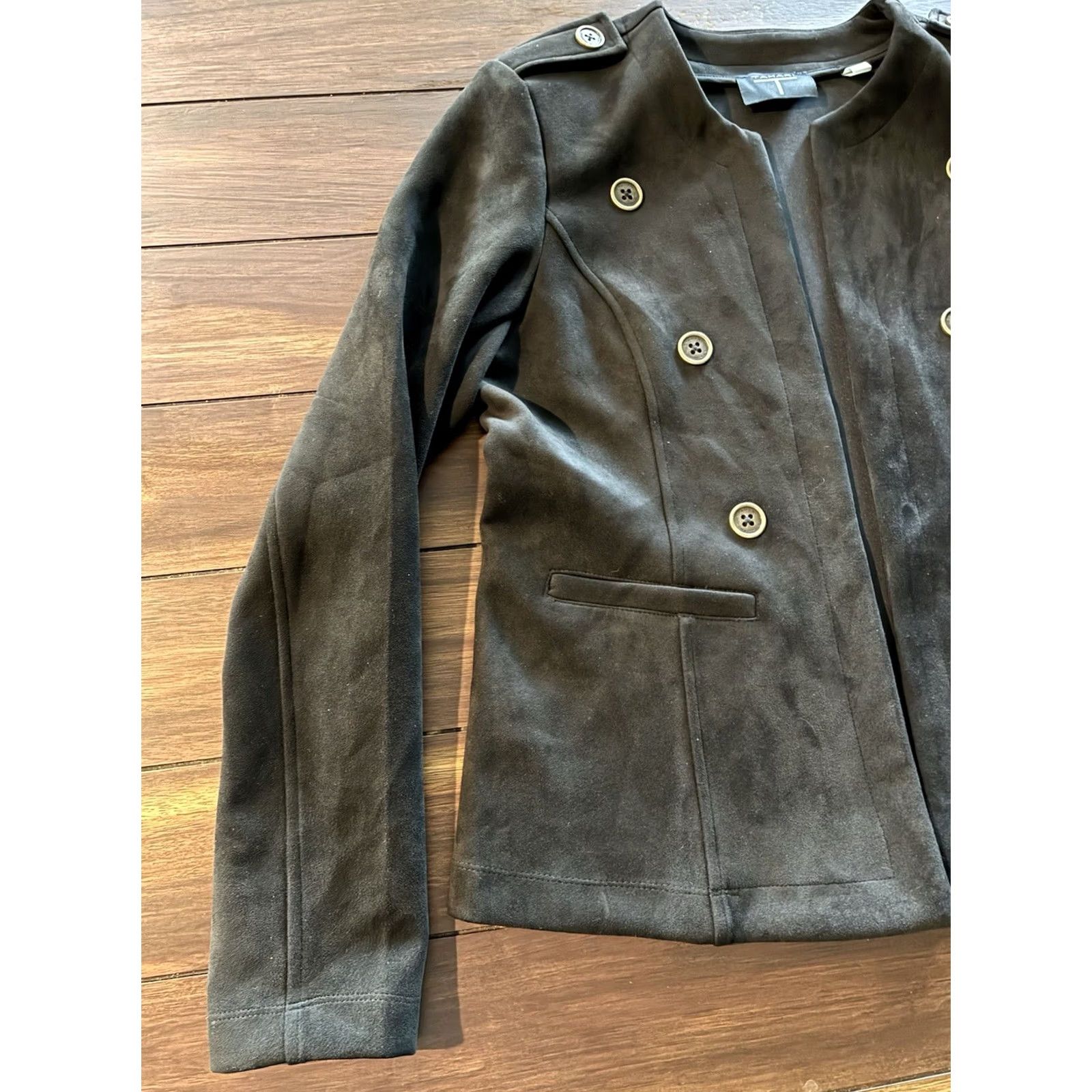 Vintage Tahari Womens Open Jacket Top Black Faux Leather Polyester Spandex 8 Size M / US 6-8 / IT 42-44 - 2 Thumbnail