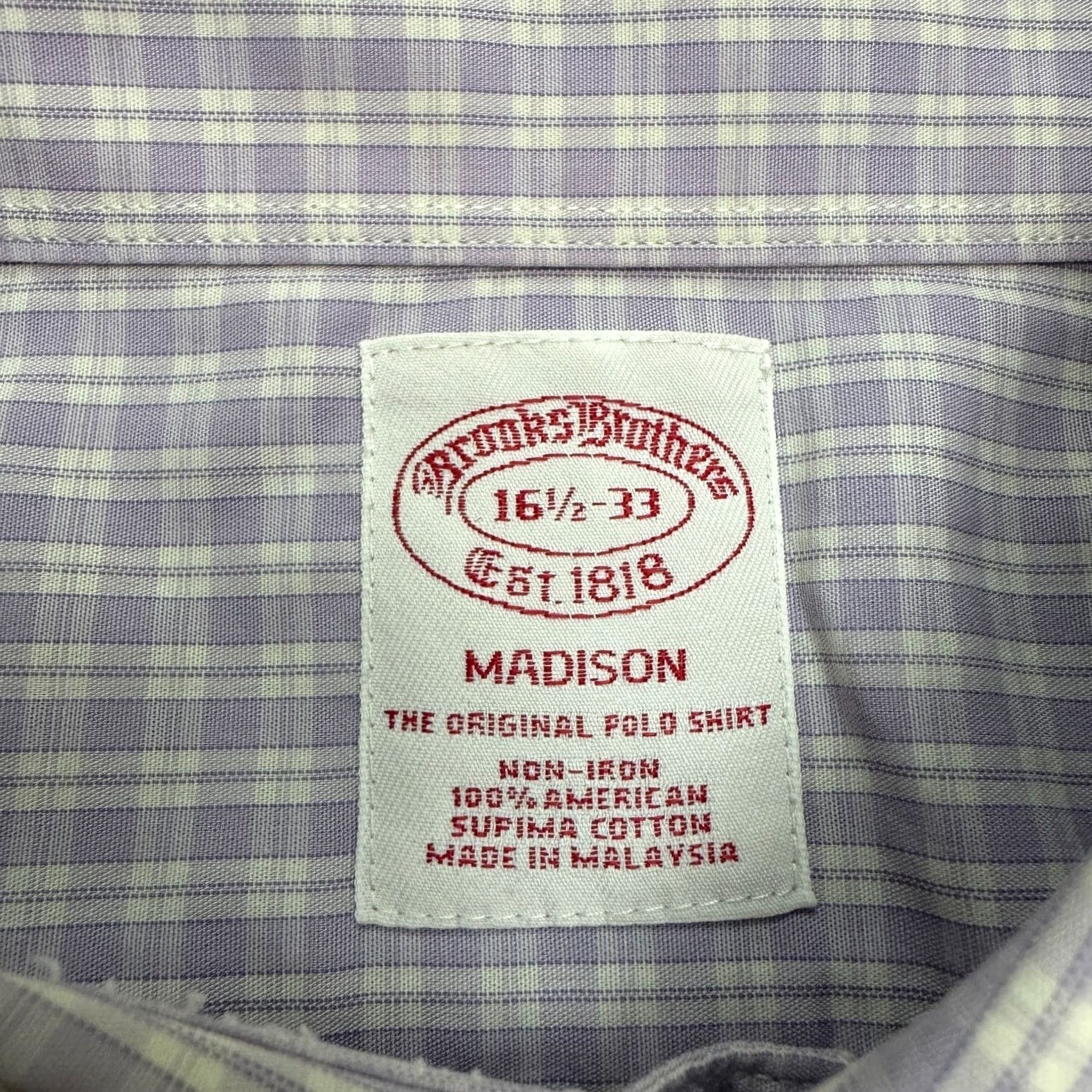 Brooks Brothers Brooks Brothers Dress Shirt Mens 16.5/33 Lavender White Check Cotton Non-Iron Size 46R - 7 Thumbnail