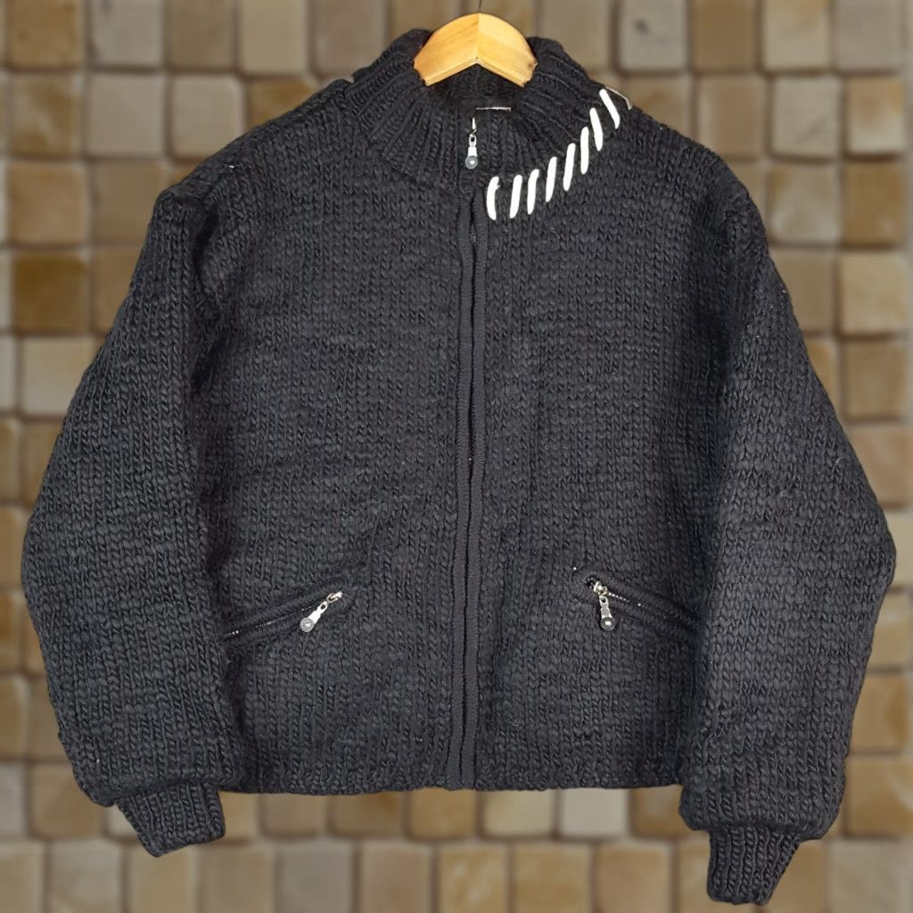 Vintage Y2K Black Wool Blend Oversized Zip Up Women's Size M Black Knit Pocket Sweater Size M / US 6-8 / IT 42-44 - 1 Thumbnail