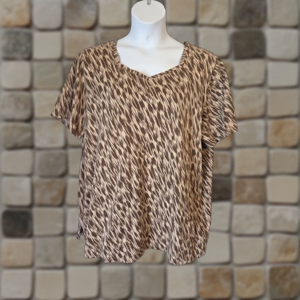 Vintage Liz & Me Tan Brown Abstract Zebra Stripe Print Short Sleeve Casual Top Shirt 2X Size XXL / US 16-18 / IT 52-54 - 1 Thumbnail