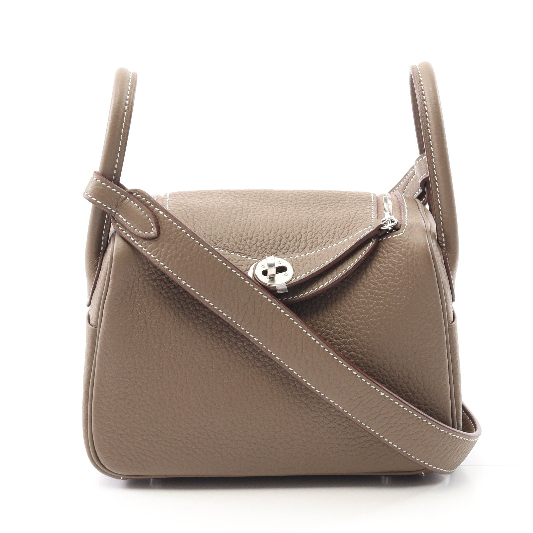Hermes Lindy Mini Etoupe Shoulder Bag Clemence Leather Gray Brown Silver Hardware Double Engraved, Women's