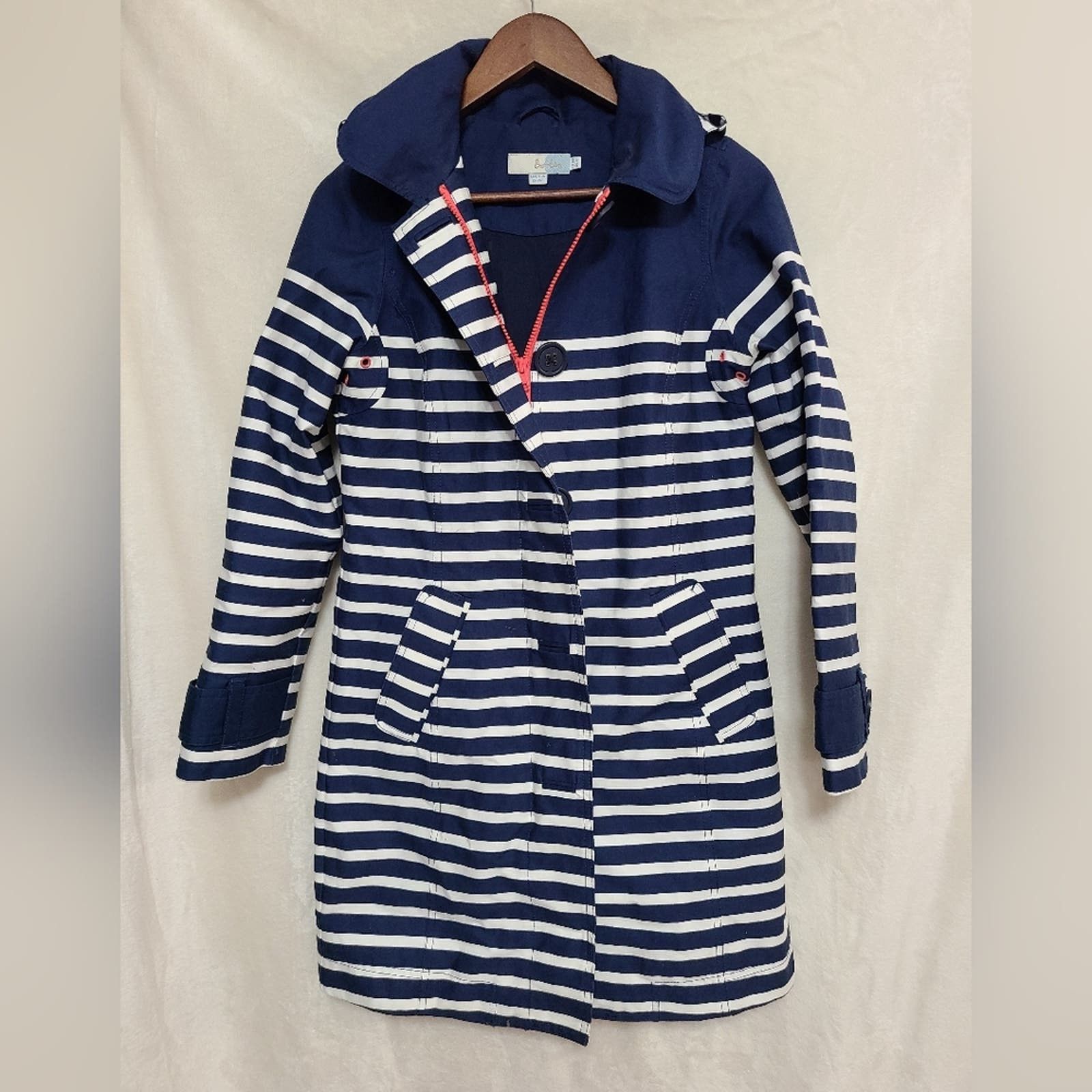 Boden Women's Navy & White Hooded Striped Raincoat Size 4R
