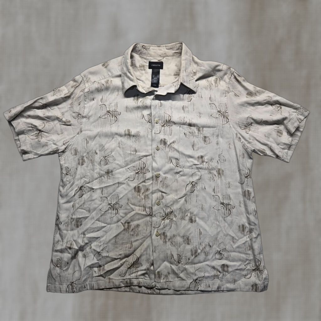 Liz Claiborne CLAIBORNE Shirt Hawaiian Button-Up Short Sleeve Adult XL Tan Brown Extra Large Mens Size US XL / EU 56 / 4 - 1 Thumbnail