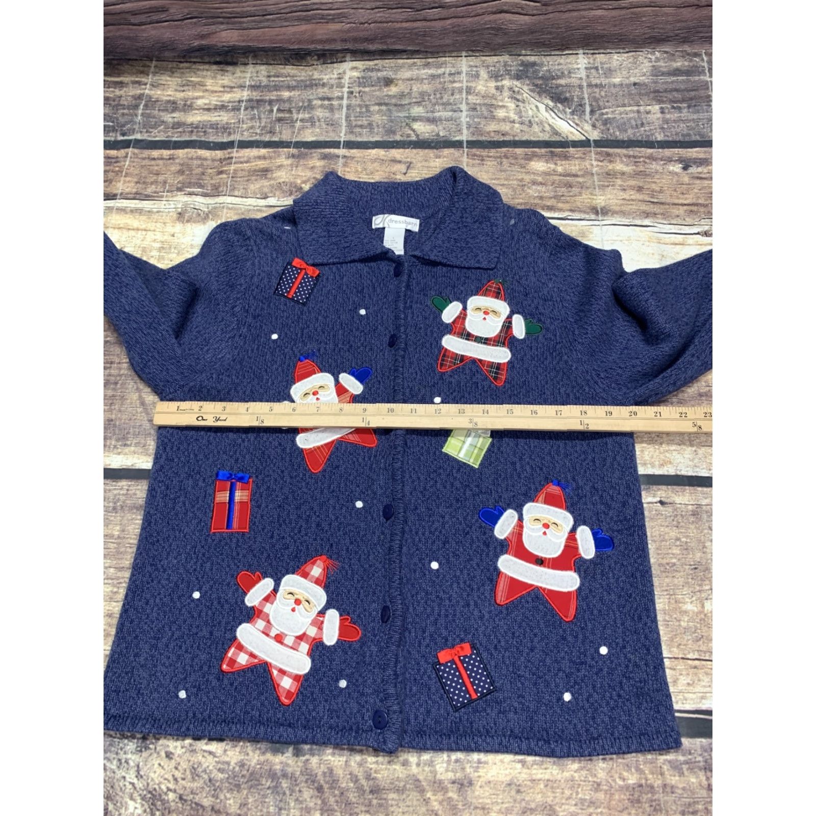 Vintage Dressbarn Women’s Large Ugly Christmas Sweater Dress Blue Santa Claus Presents Cardigan Knit Holiday Womens Long Sleeve Crewneck Christmas - Size L / US 10 / IT 46 - 2 Thumbnail