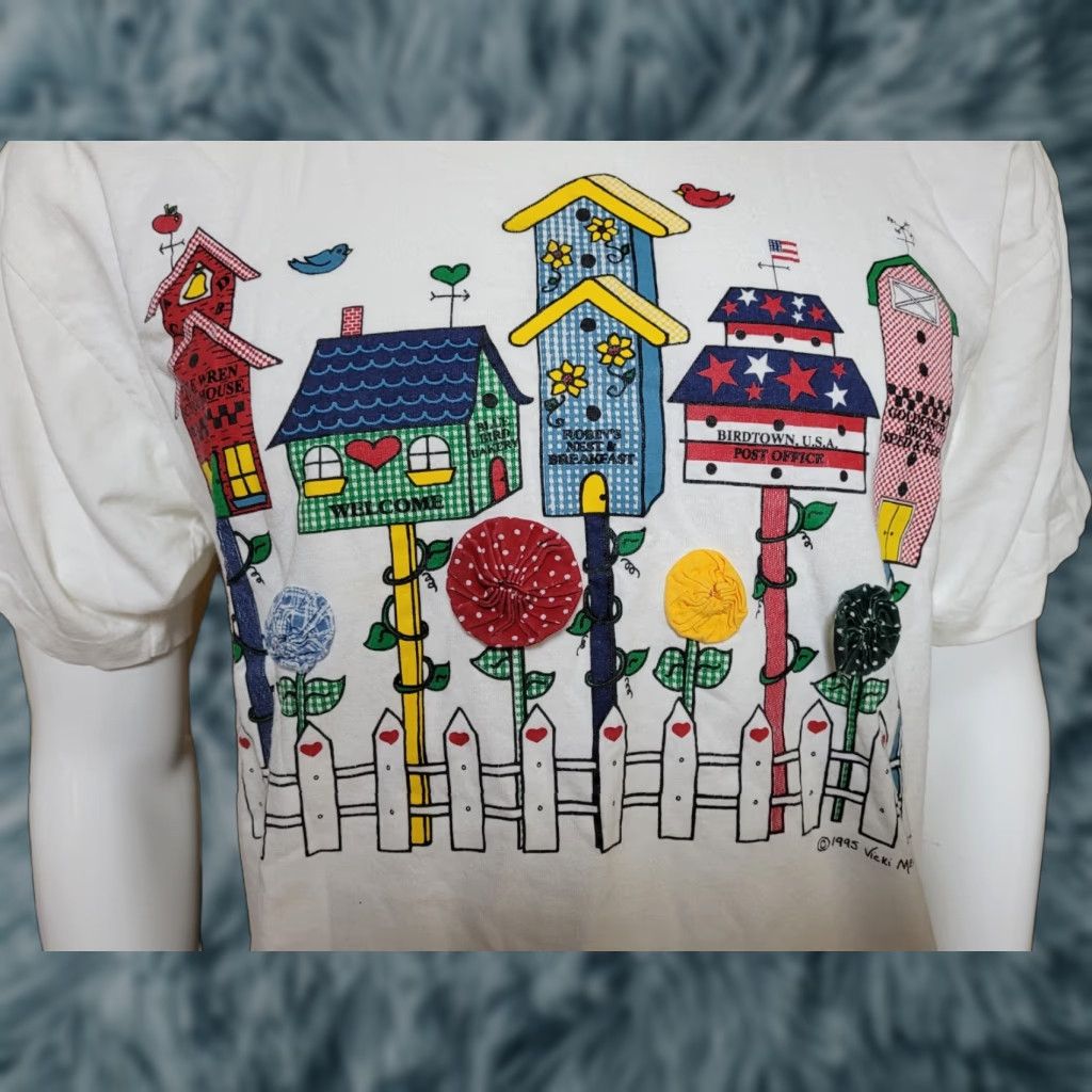 Vintage VTG 1995 Melhart Designs T Shirt Womens Birdhouses Arts & Crafts USA Country White Large Short Sleeve Crew Neck 100% Cotton Mens Womens Girls Boys Size L / US 10 / IT 46 - 1 Thumbnail