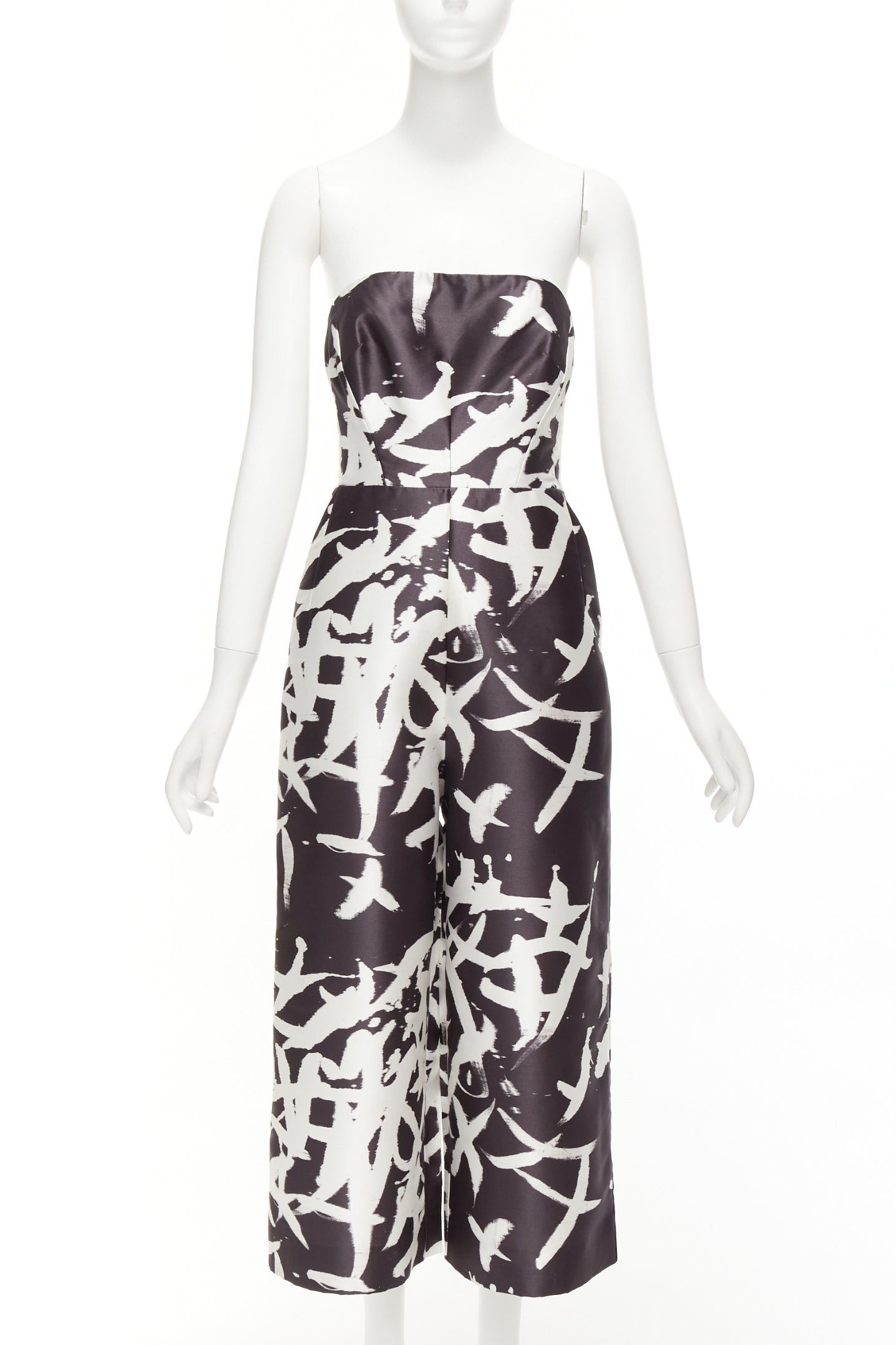 image of Whistles Black White Abstract Print Strapless Back Cut Out Wide Jumpsuit Uk10 M, Women's (Size 28)