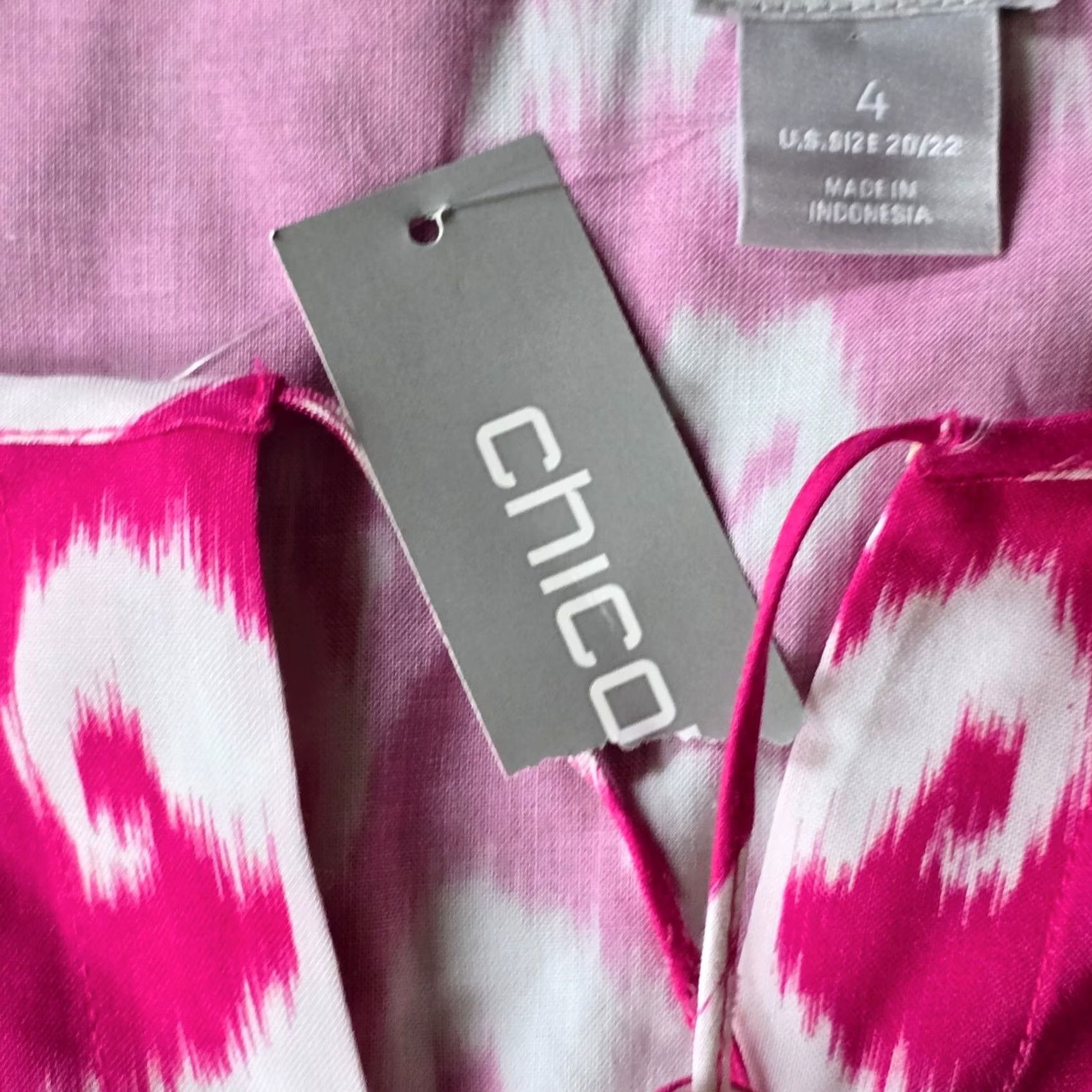 Vintage Chico's Top Womens Size 22 Pink Ikat Flare Sleeve V Neck Tassels Beachy Casual Blouse Size 3XL / US 20-22 - 4 Thumbnail