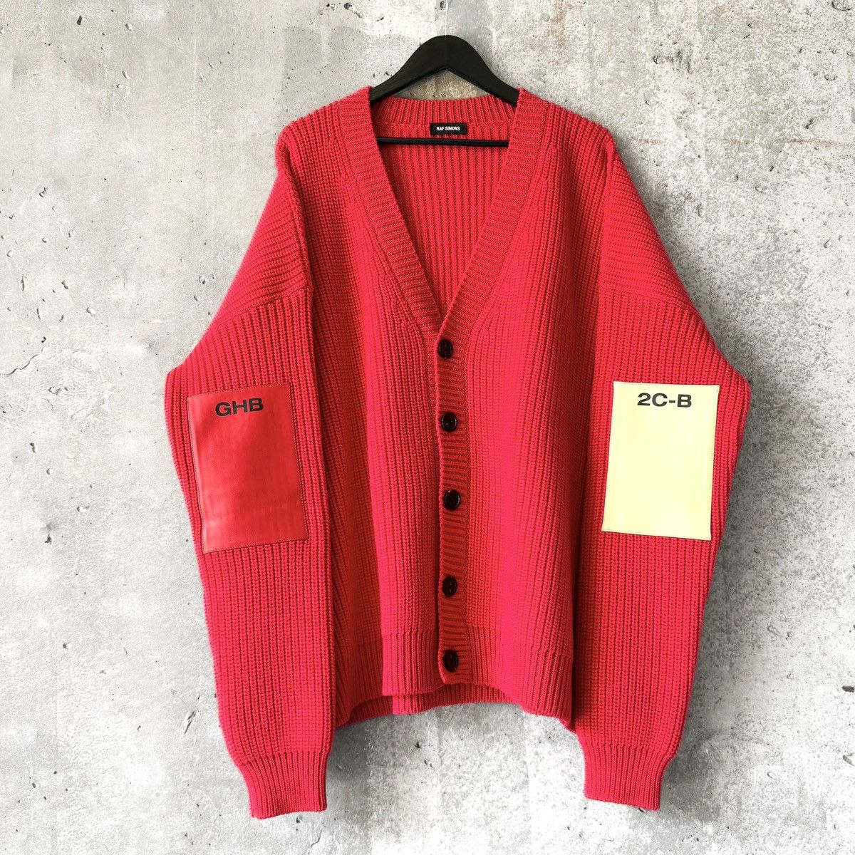 Raf Simons AW18 “Drugs” Oversized Wool Knit Elbow Patch Cardigan Size US XL / EU 56 / 4 - 1 Thumbnail