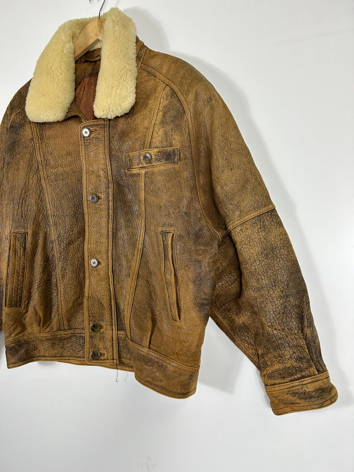 Leather ⚡️Vintage Button Zipper Distressed Leather Bomber Jacket Size US L / EU 52-54 / 3 - 3 Thumbnail