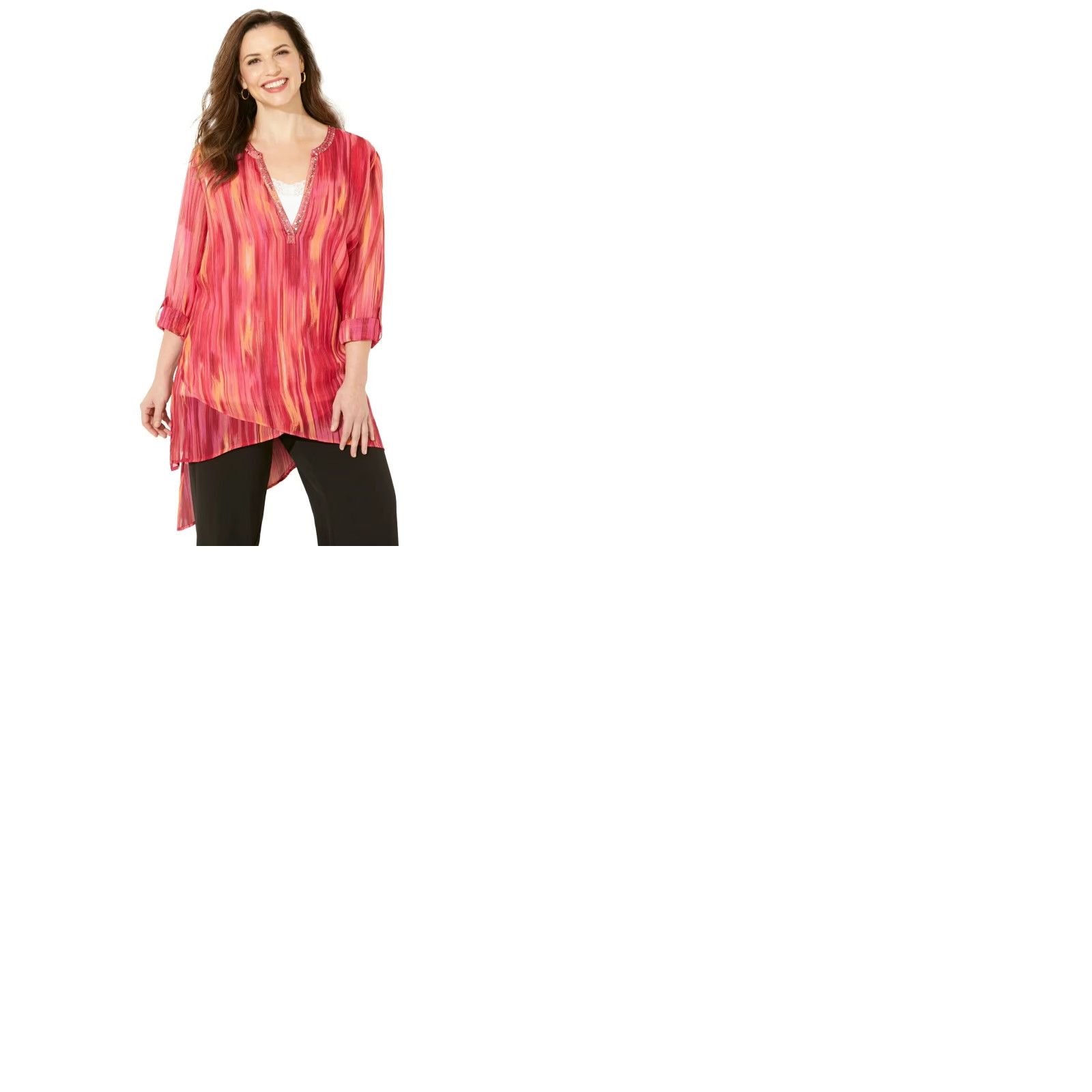 Vintage Catherines Pink Burst Ikat Texture Beaded Sequin Tunic Top 4X Pink Red Chiffon Long Sleeve V-Neck Pullover Blouse Plus Size Women Mens? Size XXL / US 16-18 / IT 52-54 - 9 Thumbnail