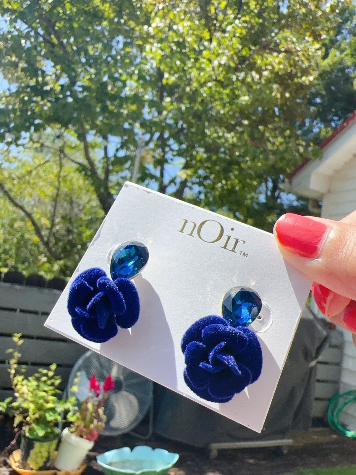 Designer Noir silver tone blue velvet rose crystal studs drop earring Size ONE SIZE - 1 Thumbnail