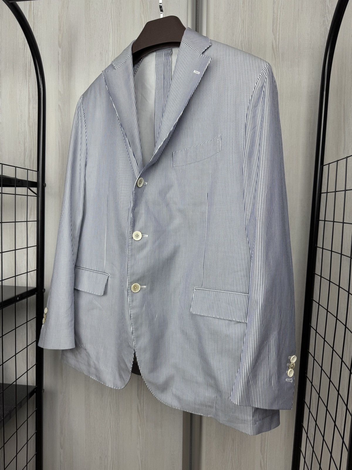 Lardini Lardini 100% Linen Blue White striped unlined lux blazer Size 48R - 5 Thumbnail