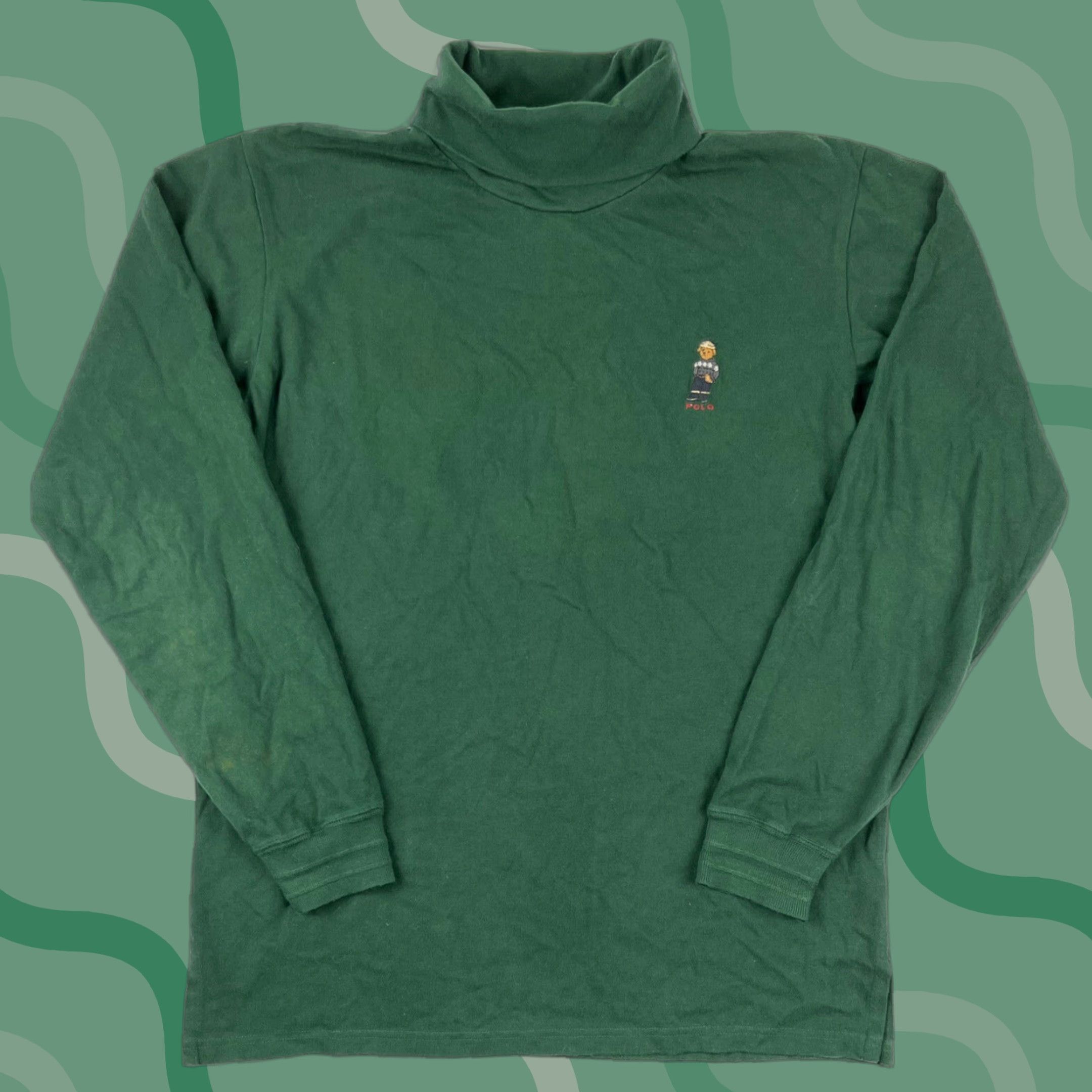 VINTAGE Polo Ralph Lauren Bear Turtleneck Shirt Men L Green 90s Ski Country Stadium Sport Embroidered Logo Mens