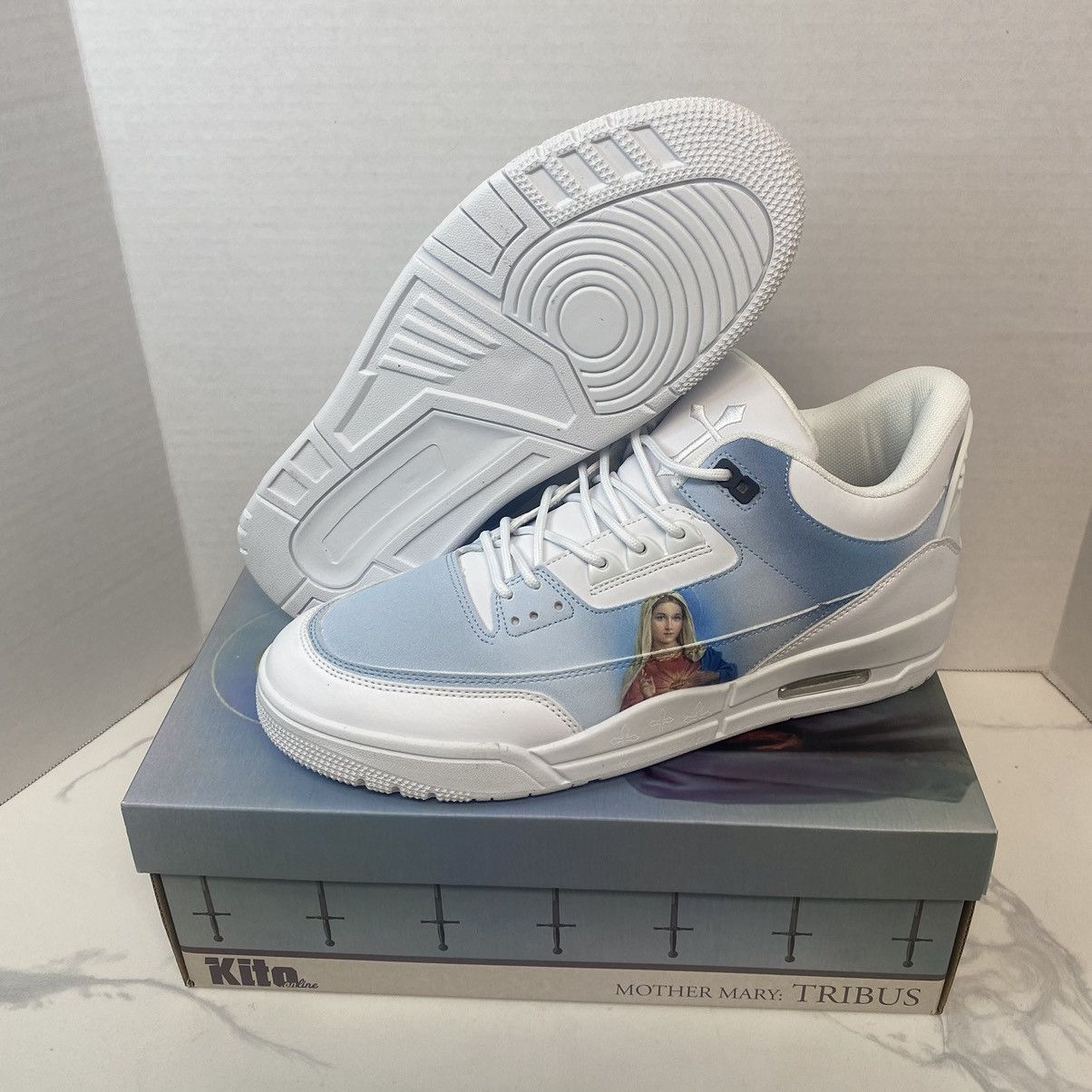 image of Kito Wares Jordan 3 Style Mother Mary Tribute Mens Size 10 Shoes in Blue