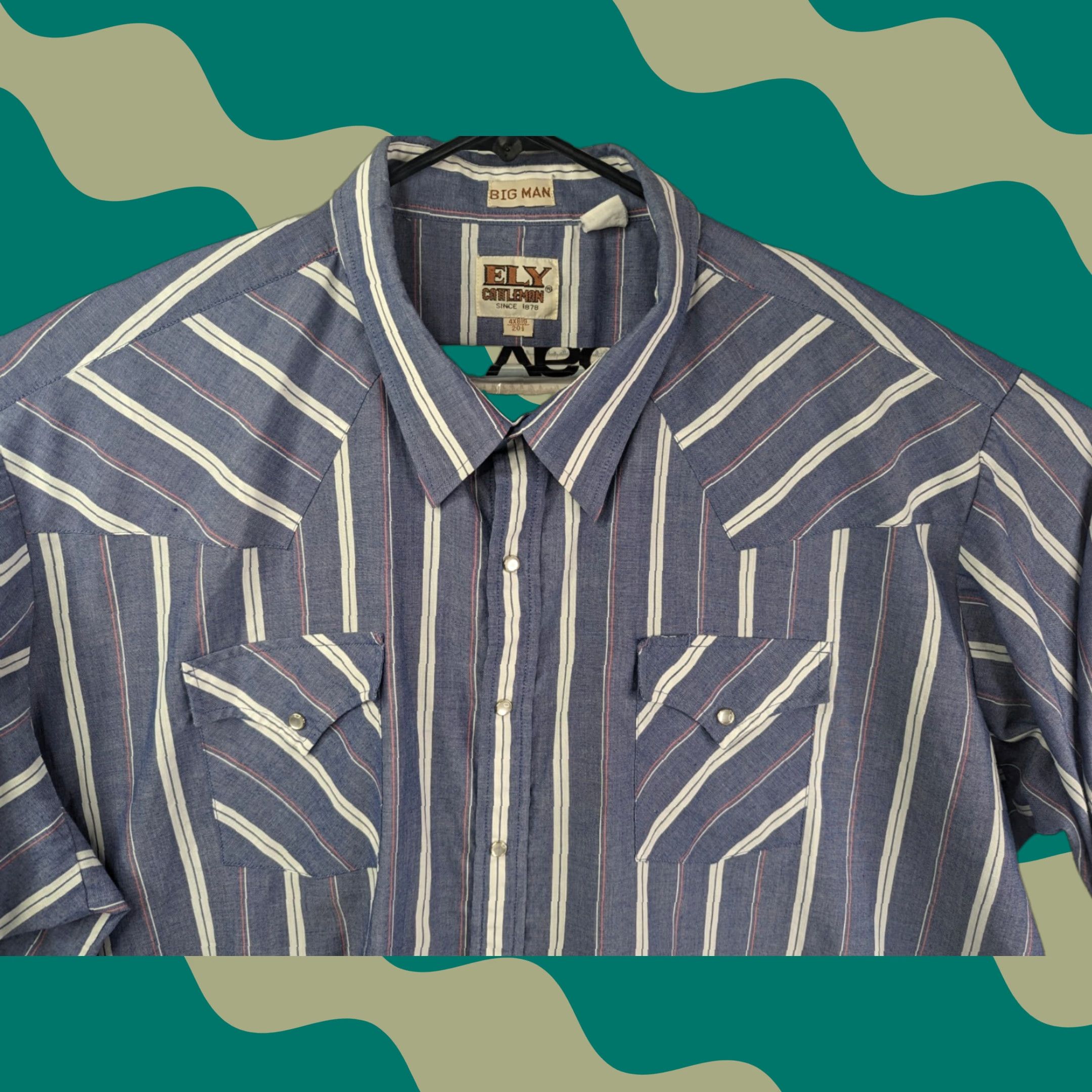 Vintage VINTAGE Ely Cattleman Pearl Snap Shirt Mens 4X Big Blue White Striped Short Sleeve Snap Button-Up Western Theme Mens Big & Tall Size US XXL / EU 58 / 5 - 1 Thumbnail