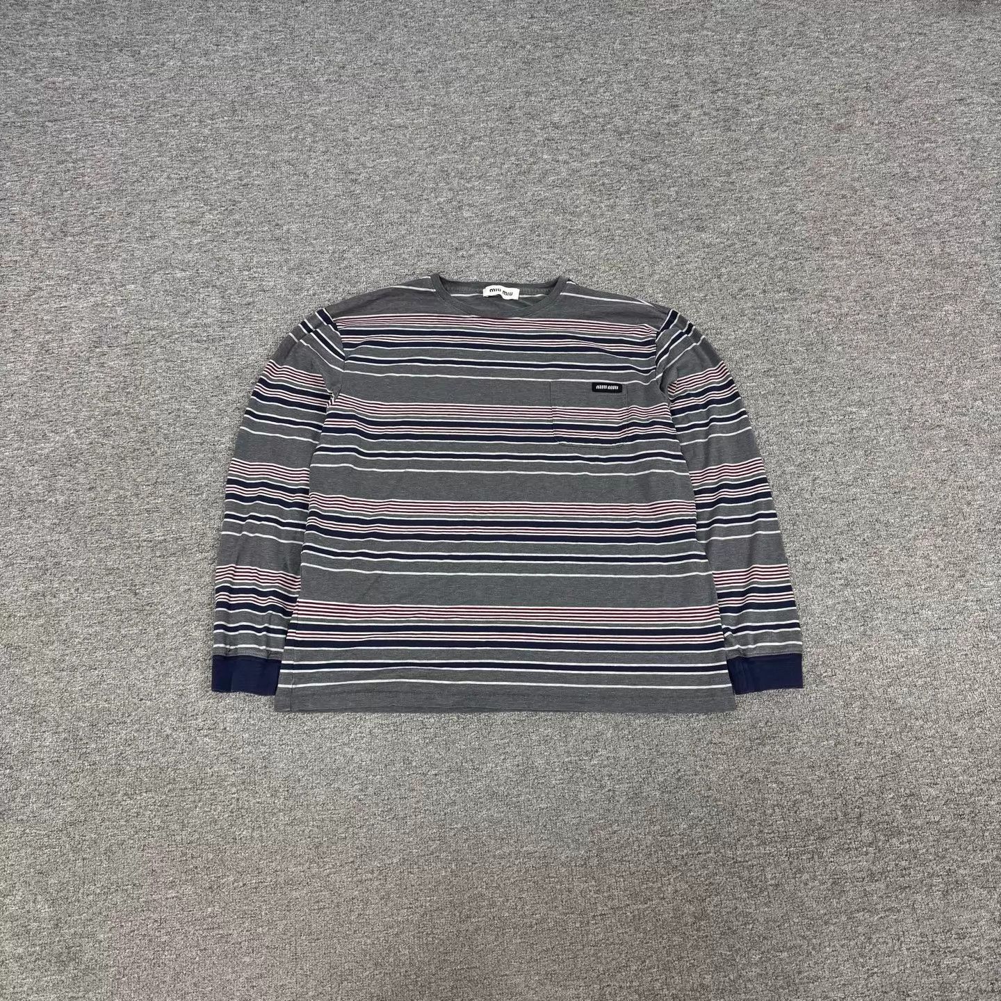 Miu Miu MIU MIU logo gray blue colorblock stripe pocket LS tee Size S / US 4 / IT 40 - 1 Thumbnail