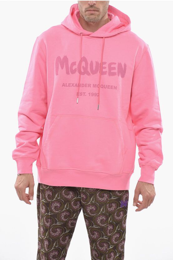 image of Alexander Mcqueen Brushed Hoodie Sweatshirt With Logo Print in Pink, Men's (Size Medium)