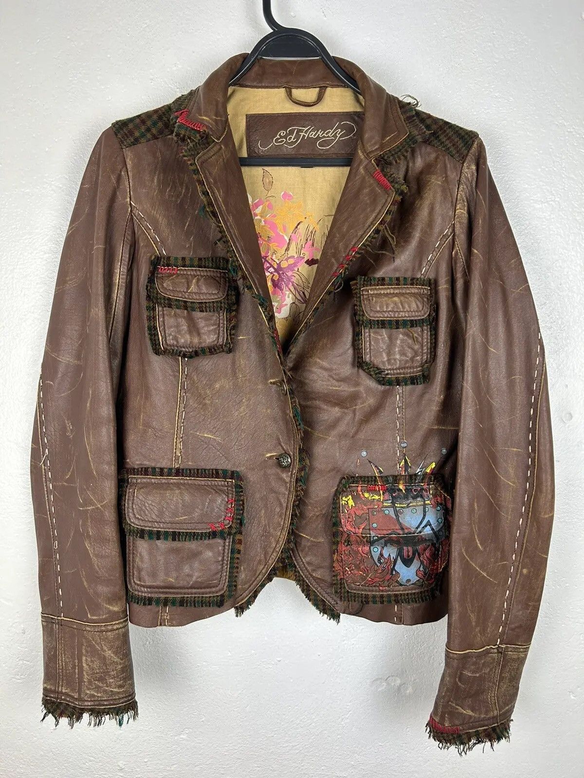 Vintage Ed Hardy Crazy Design Leather Jacket In Brown