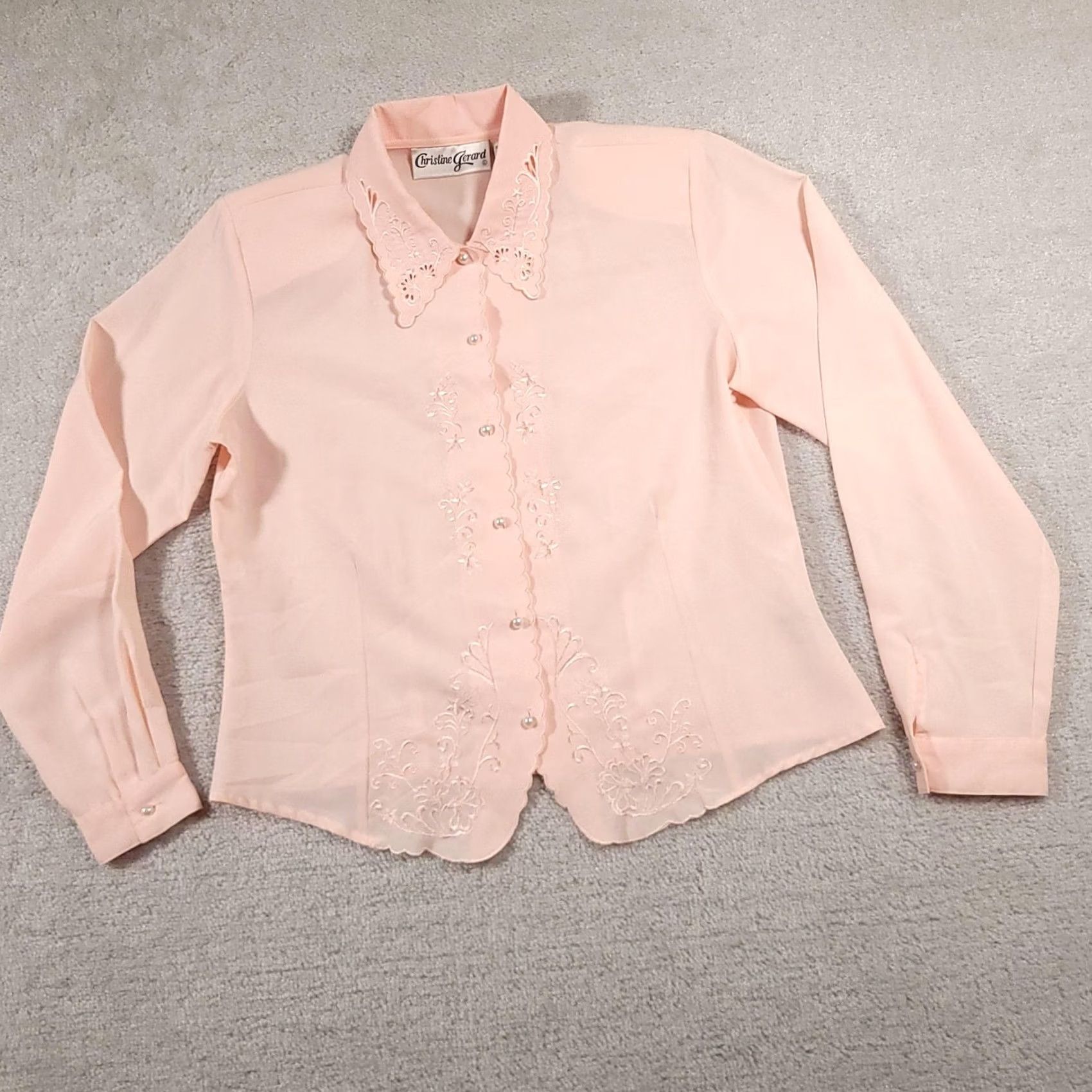 Vintage Christine Gerard Blouse Womens 10 Pink Embroidered Pearl Button Long Sleeve Top Size L / US 10 / IT 46 - 2 Thumbnail