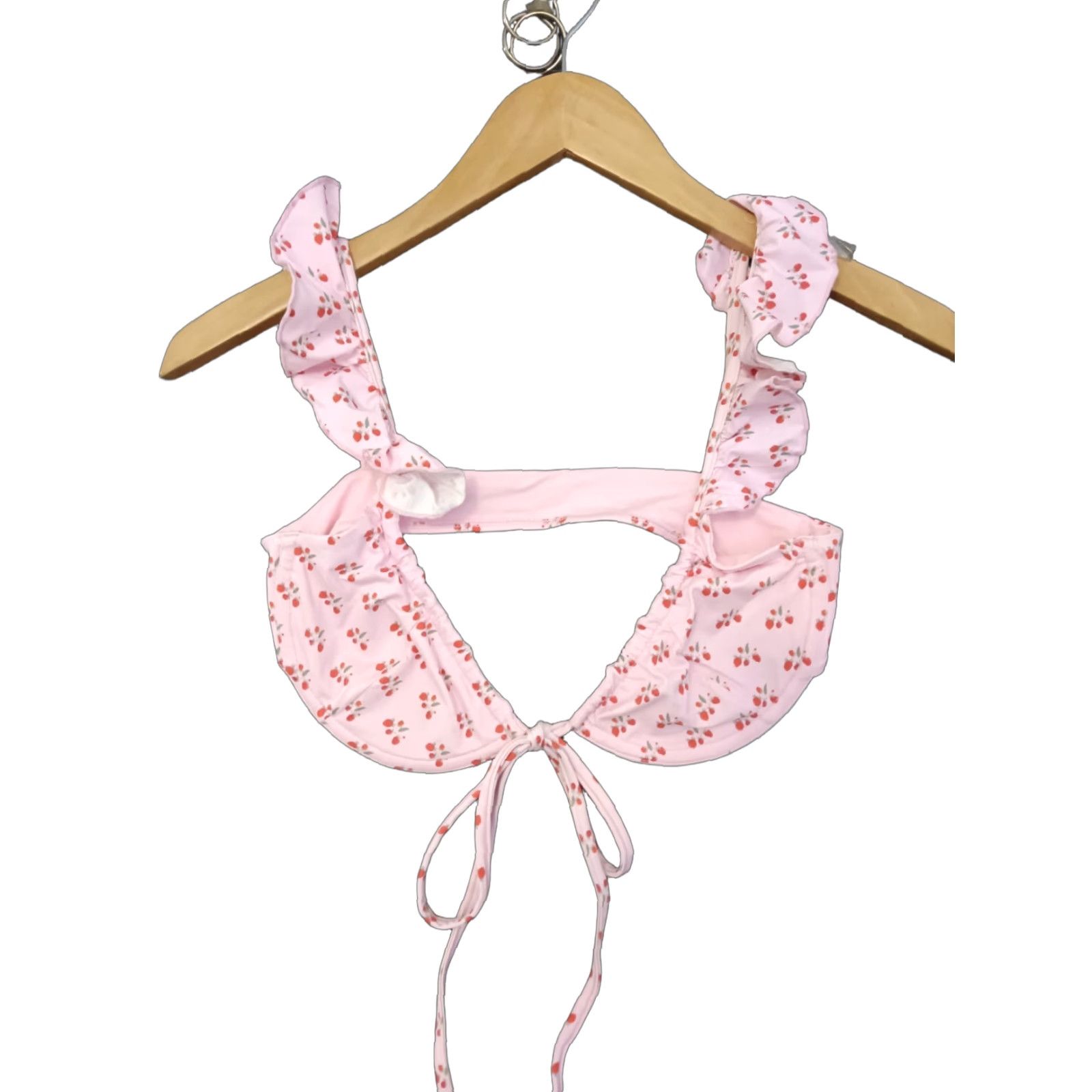 Vintage Frankies Bikinis S Pink Strawberry Underwired Tie Ruffle Straps Bikini Top Swim Top Women Side Logo Floral Pattern Pink Strappy Wide Straps Size S / US 4 / IT 40 - 1 Thumbnail