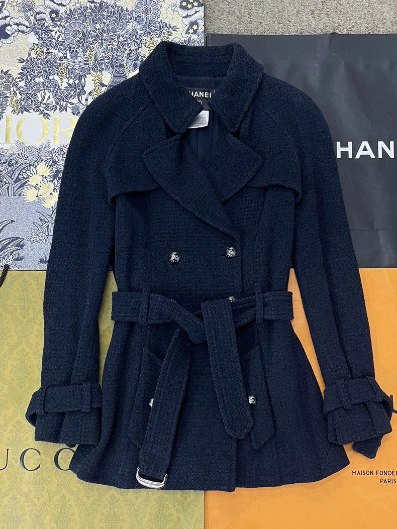 Chanel Navy Tweed Belted Coat