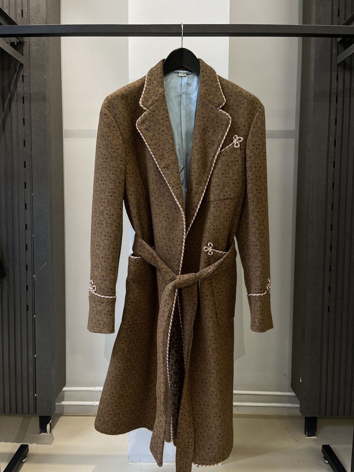 image of Gucci Heavy Wool Monogram Belted Rope Coat in Brown, Men's (Size Small)