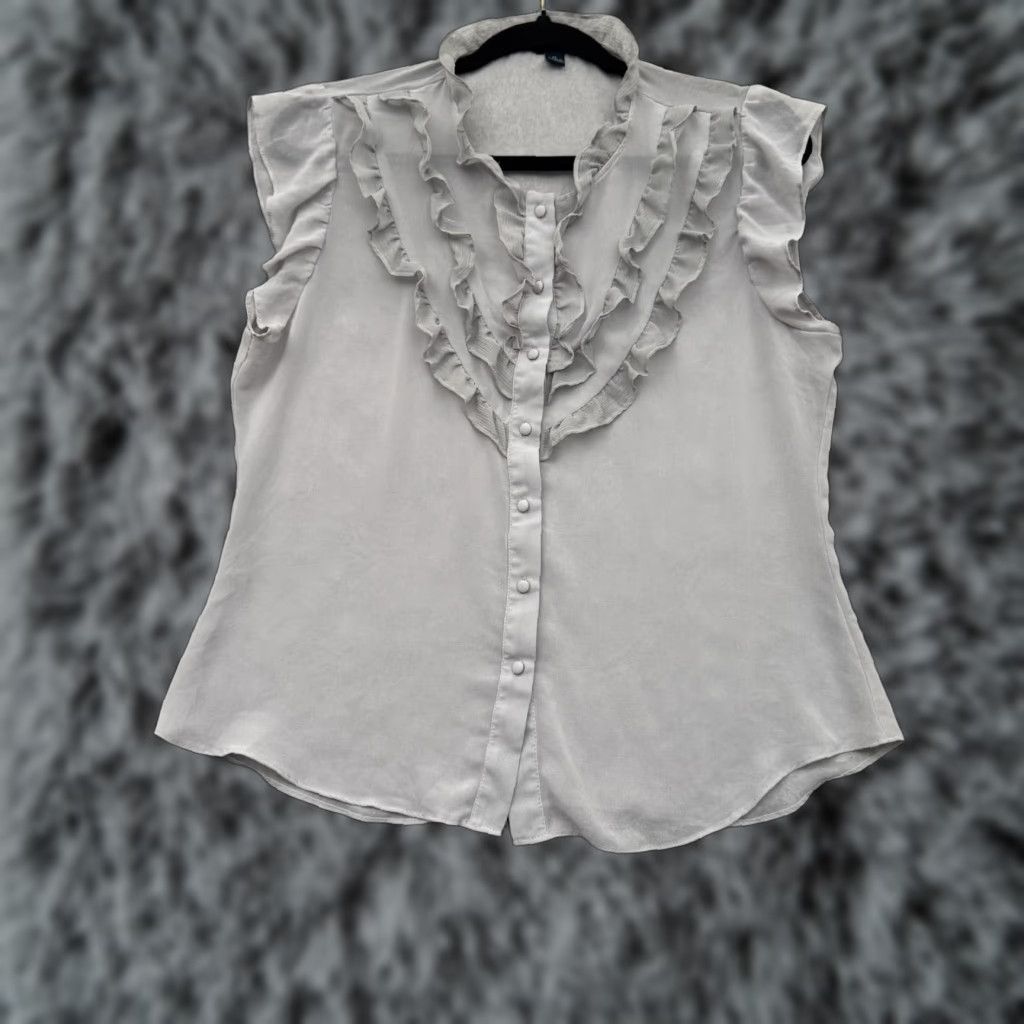 Banana Republic Banana Republic Blouse Womens PL Petite Ruffle Sheer Office Preppy Feminine Chic Flutter Sleeve Button Collared Casual Business Size L / US 10 / IT 46 - 1 Thumbnail