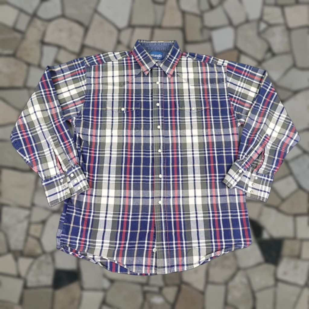 Wrangler VINTAGE Wrangler Men's Shirt XL Blue White Red Plaid Western Western Cowboy Outdoor Casual Workwear Button-Up Twill Size US XL / EU 56 / 4 - 1 Thumbnail