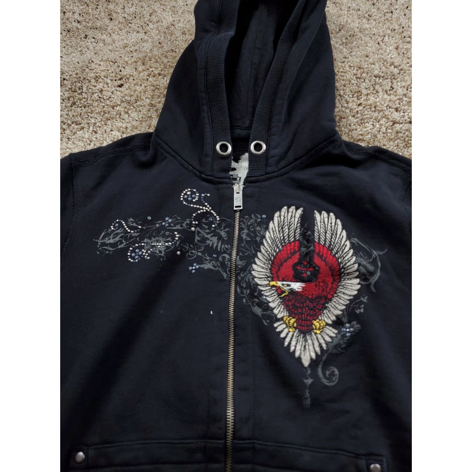Express VINTAGE Express Hoodie Mens Large Black Embroidered Studded Graphic Vindicator Y2K Size US L / EU 52-54 / 3 - 6 Thumbnail