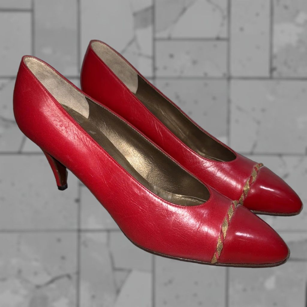 Bruno Magli VINTAGE Bruno Magli Red Leather Heels with Gold Thread Detailing Almond Toe Slip-On High Stiletto Pump Women US 8.5 AAAA Made in Italy Size US 8.5 / IT 38.5 - 1 Thumbnail