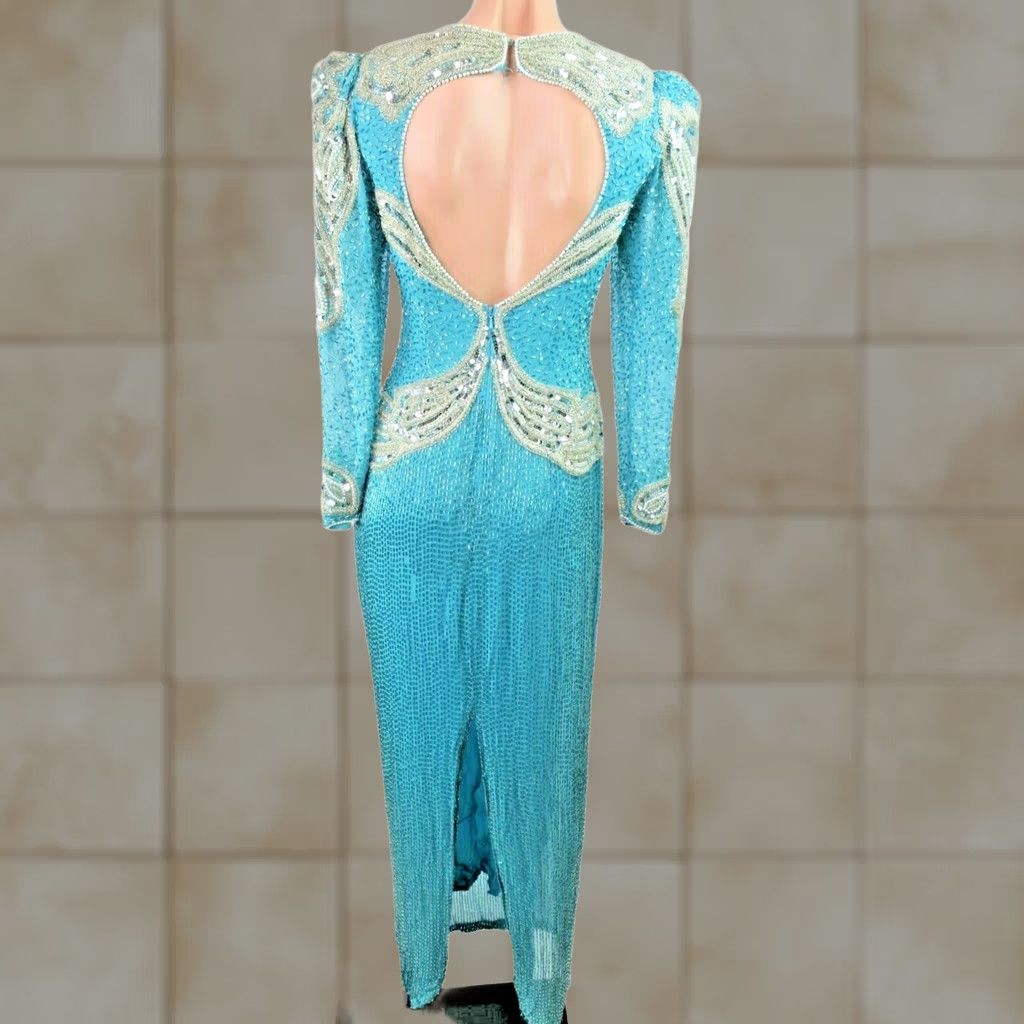 Oleg Cassini VTG Oleg Cassini Silk Beaded Backless Dress Formalwear Wedding Black Tie Sz 4 Blue 1980s Womens Dress Size S / US 4 / IT 40 - 1 Thumbnail