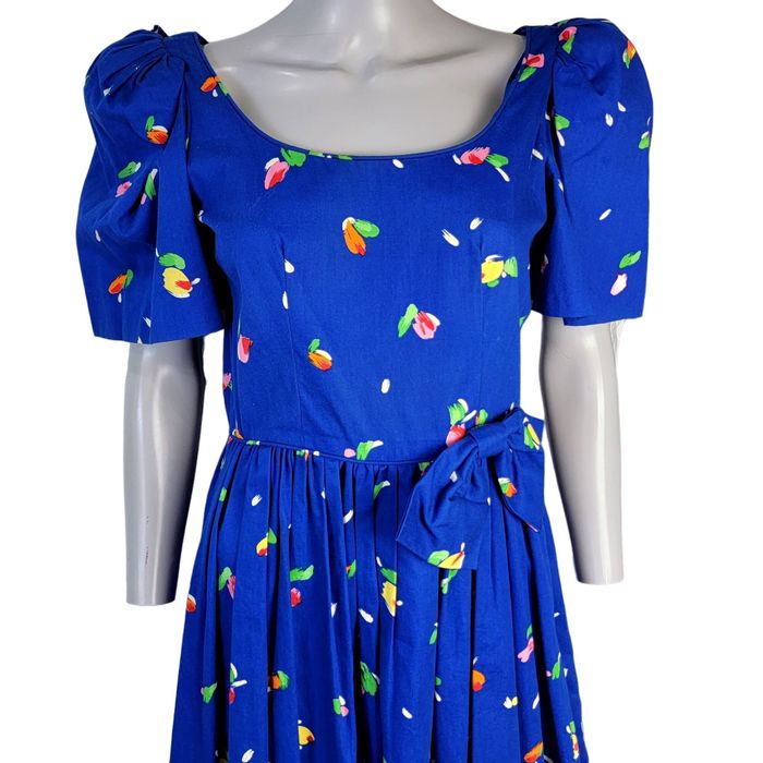 Vintage Vintage 80s Midi Dress Women 8 Blue Colorful Floral Puff Sle ...