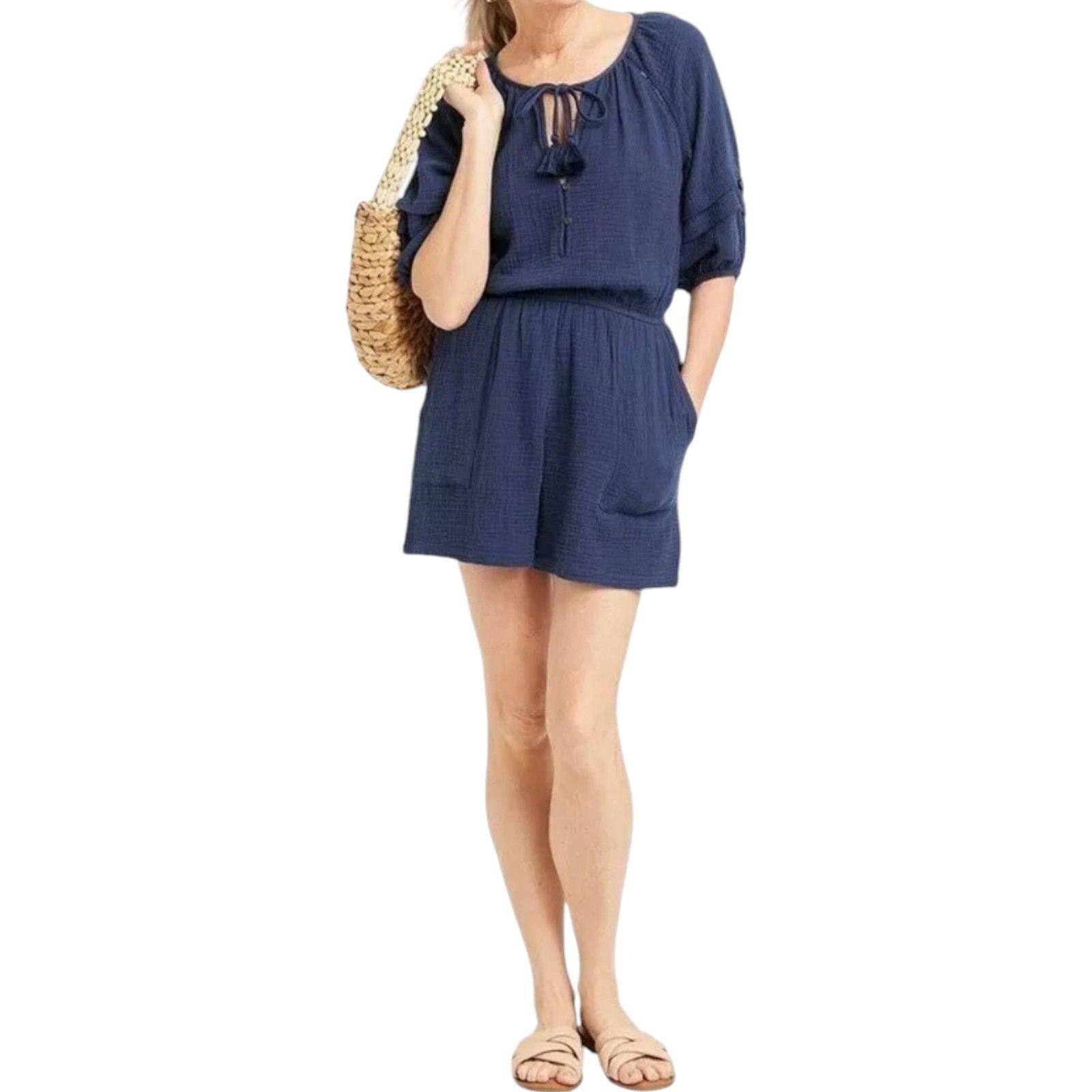 Other Knox Rose - Women's Short Sleeve Gauze Romper - Navy Blue - Size ONE SIZE - 1 Thumbnail