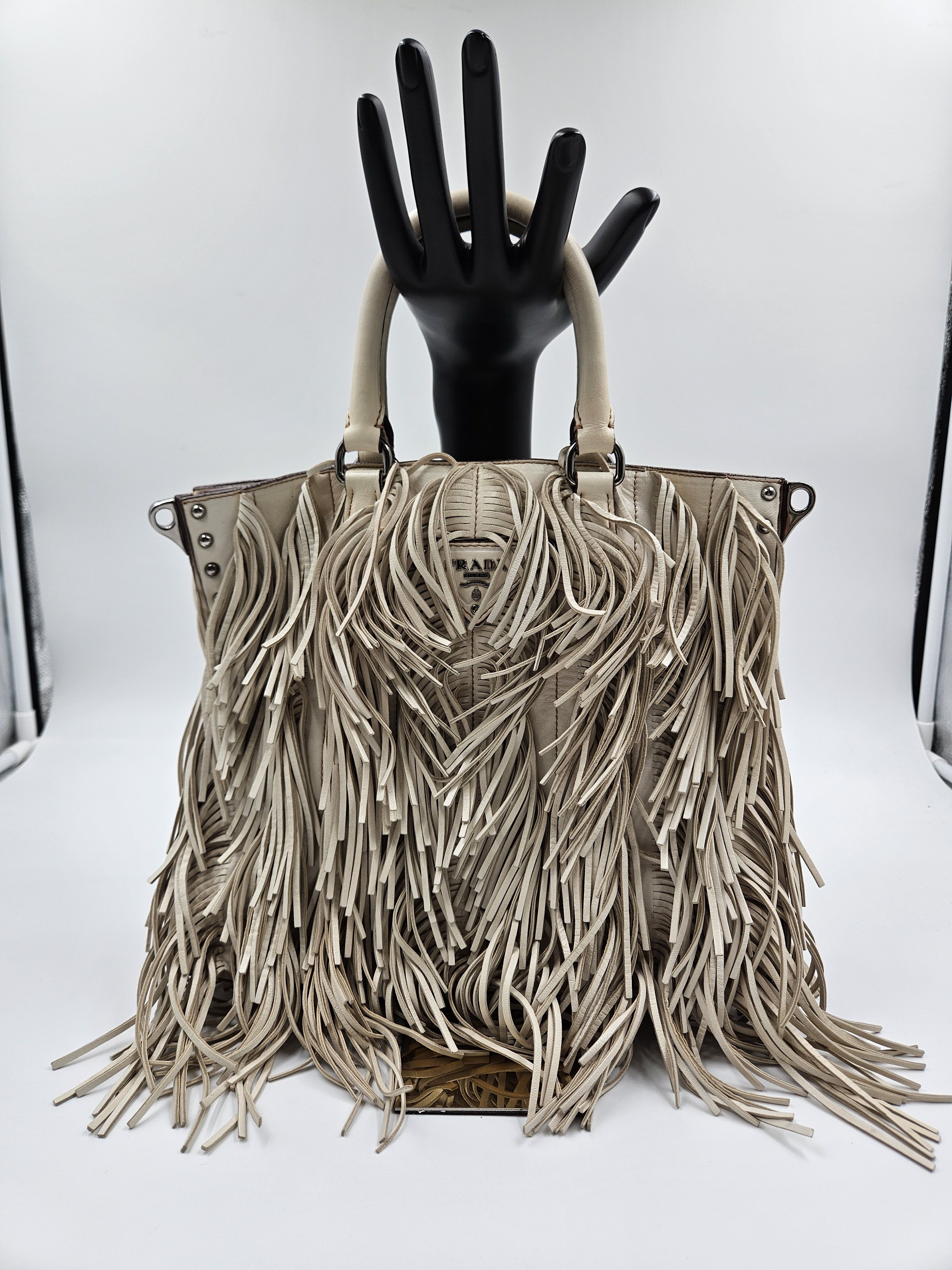 Prada Beige Nappa Fringe Tote Bag Size ONE SIZE - 3 Thumbnail