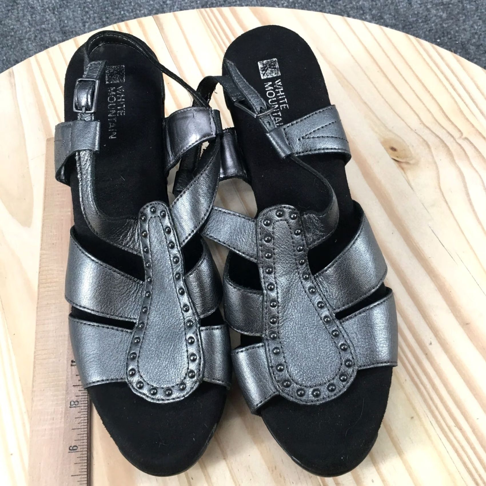 Vintage White Mountain Sandals Womens 9.5 M King Fish Slingback Silver Leather Studded Sandal Size US 10 / IT 40 - 7 Thumbnail