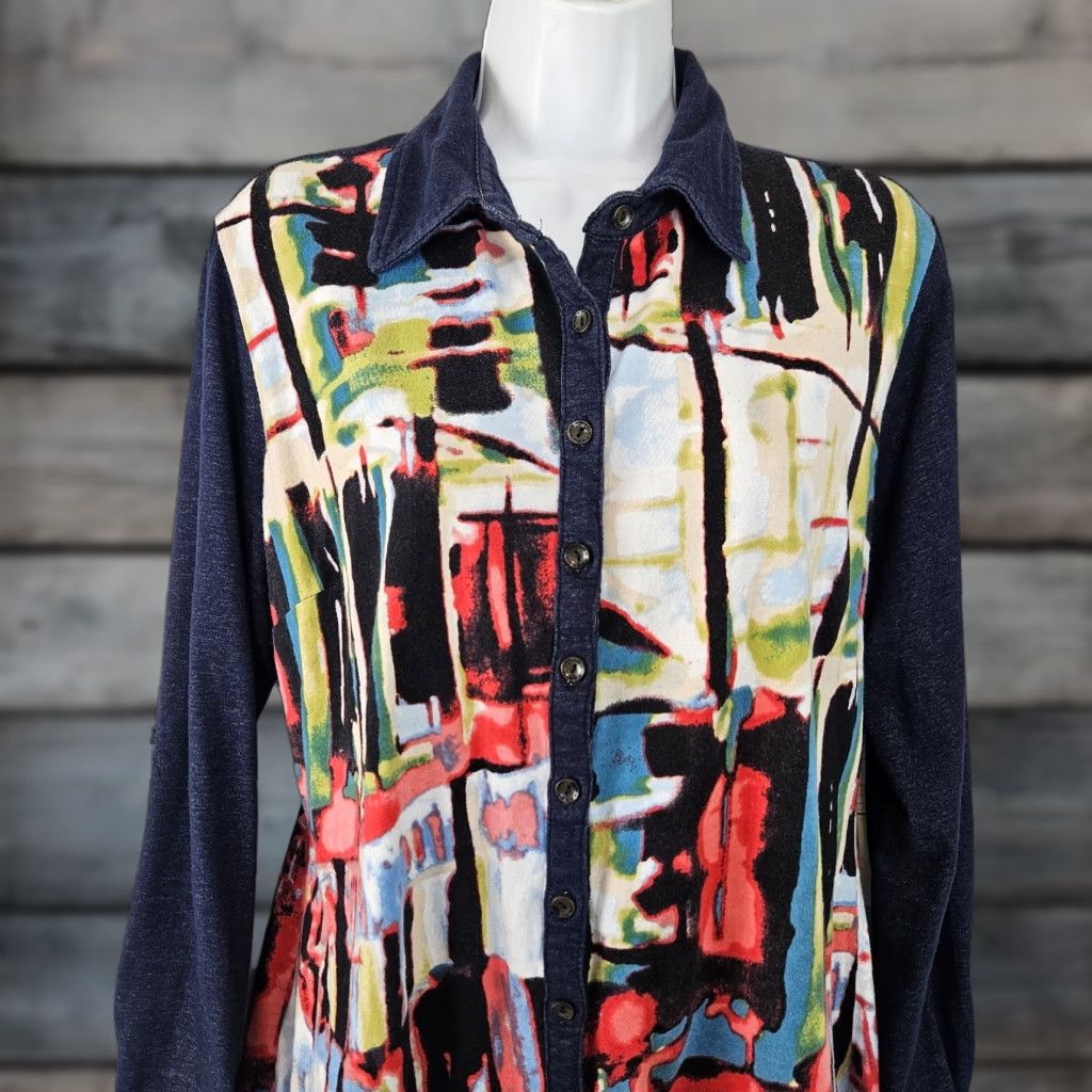 Vintage Parsley & Sage Womens Button-Up Top Sz Large Blue Red Long Sleeve Cotton Blend Shirt Womens L Blue Red 90s Fashion Clothes Size L / US 10 / IT 46 - 1 Thumbnail