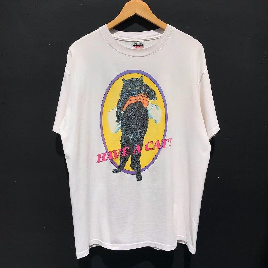 White washed vintage black cat print tshirt