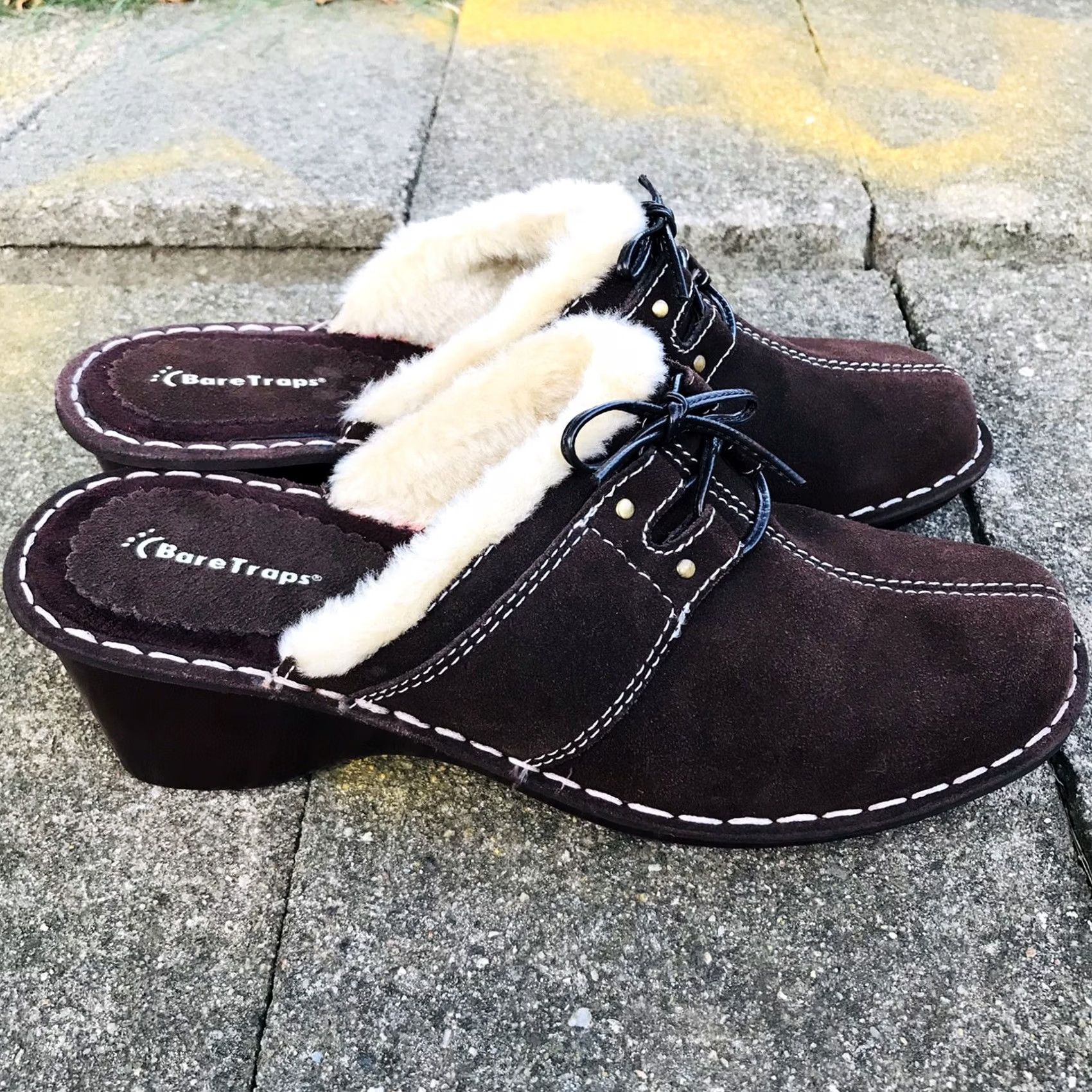 Vintage Baretraps Women Decoy Brown Suede Faux Fur Trim Open Back Slip-On Block Heel Mules Clogs 9M Size US 9 / IT 39 - 2 Thumbnail