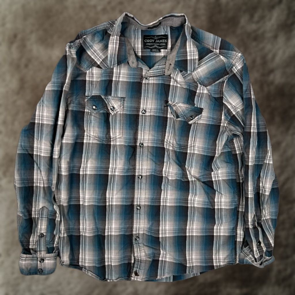 Cody James Cody James Shirt Mens Large Blue Gray Plaid Western Snap Front Long Sleeve Size US L / EU 52-54 / 3 - 1 Thumbnail