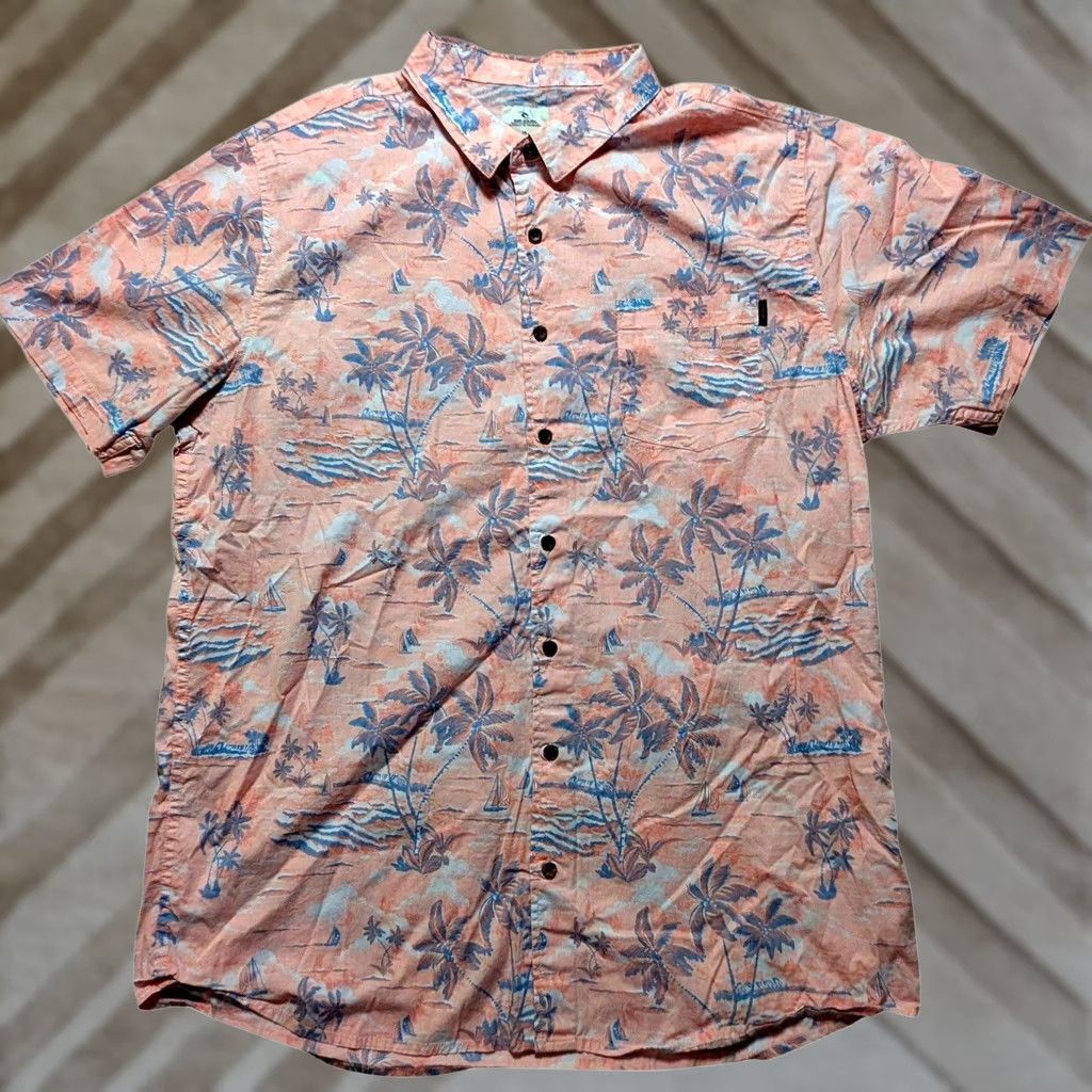 Rip Curl Rip Curl Mens XL Peach Pink Tropical Palm Tree Sailboat Print Hawaiian Shirt Size US XL / EU 56 / 4 - 1 Thumbnail