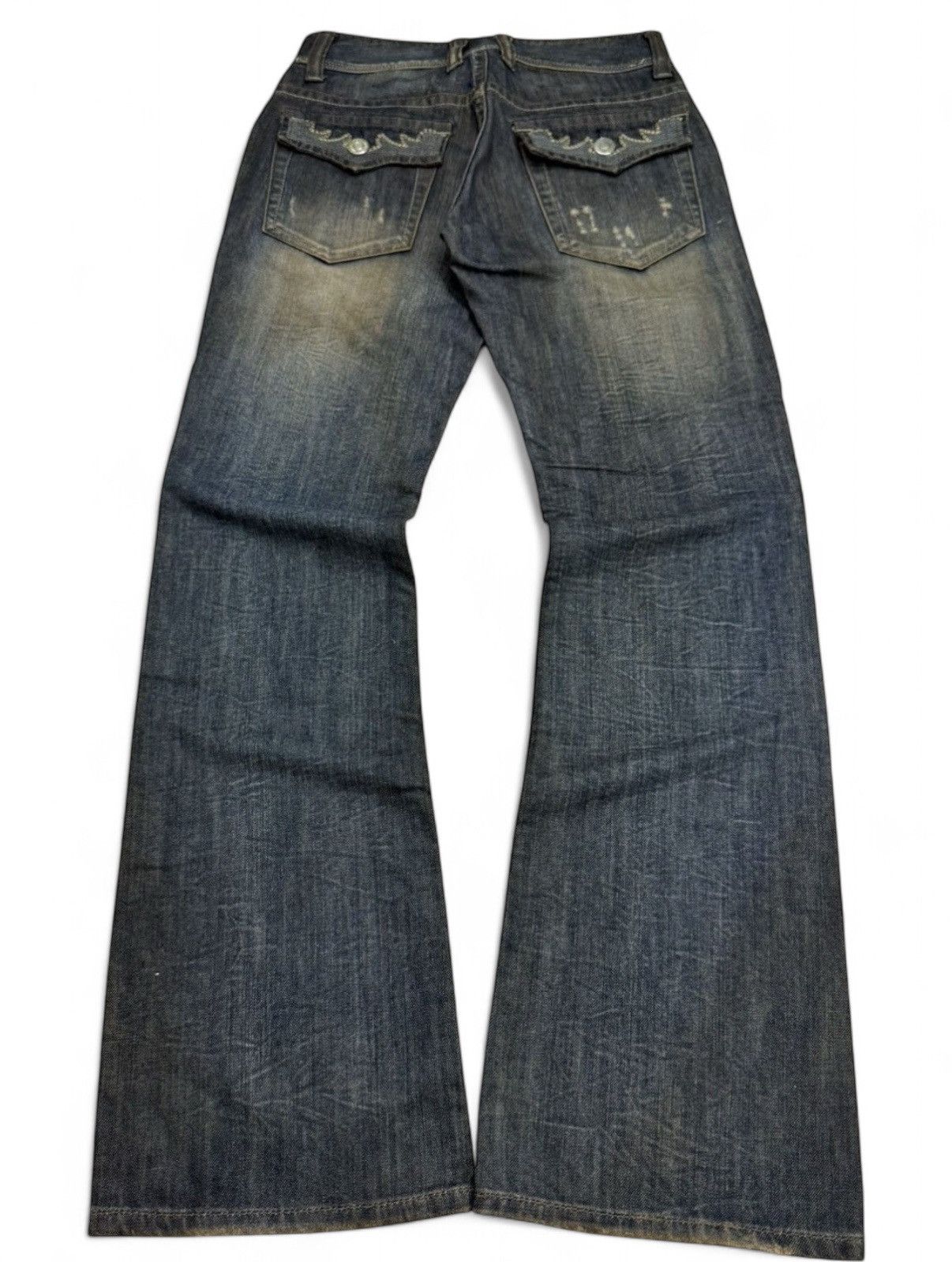 If Six Was Nine Ikka Japan Tribal Embroidered Muddy Wash Flared Denim Jeans Size US 29 - 2 Thumbnail