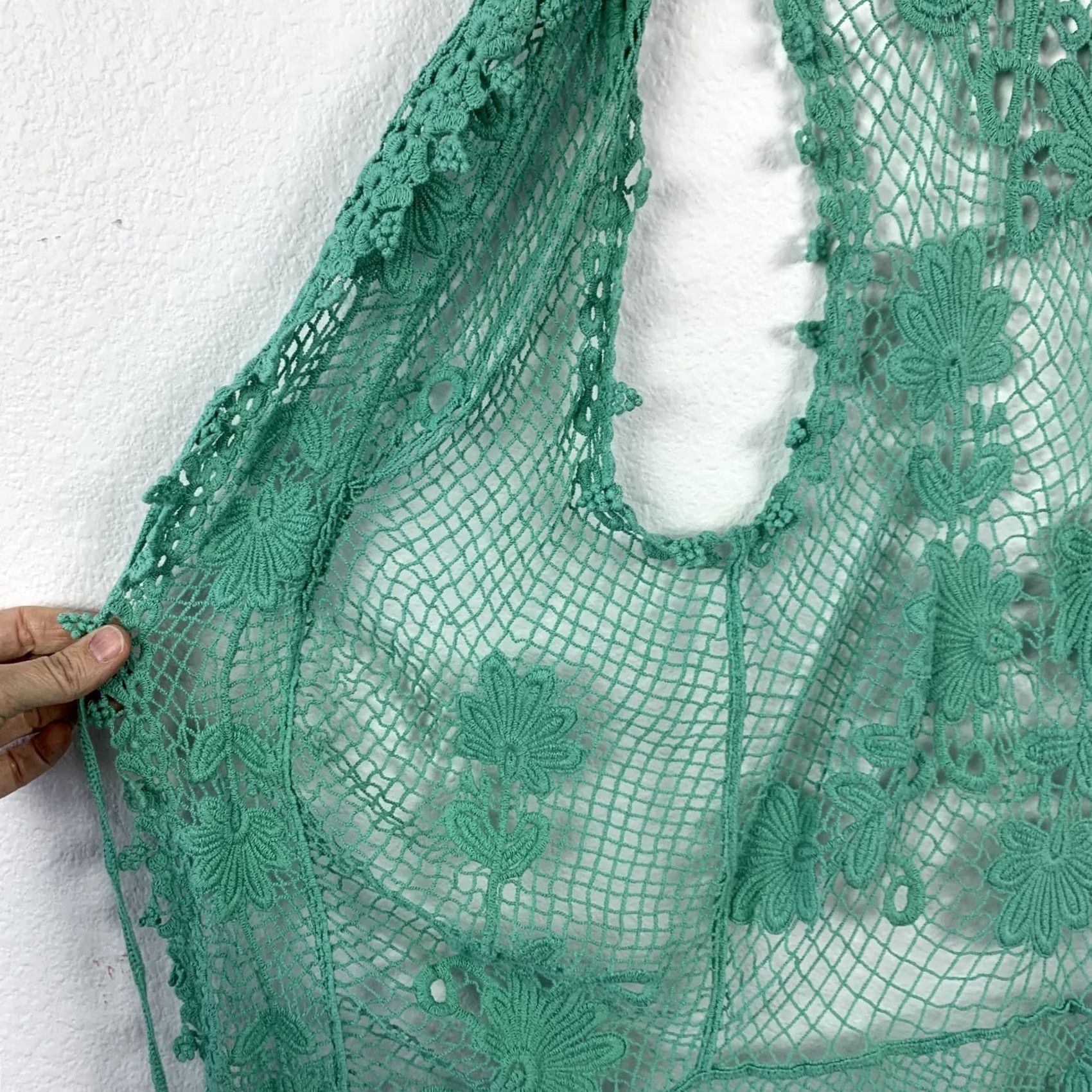 Pinko Pink Cadillac Open Front Vest Crochet Lace Cardigan Boho Women XL Green Casual Beach Festival 100 Cotton Women Bohemian Beach Festival 90s? Size US XL / EU 56 / 4 - 4 Thumbnail