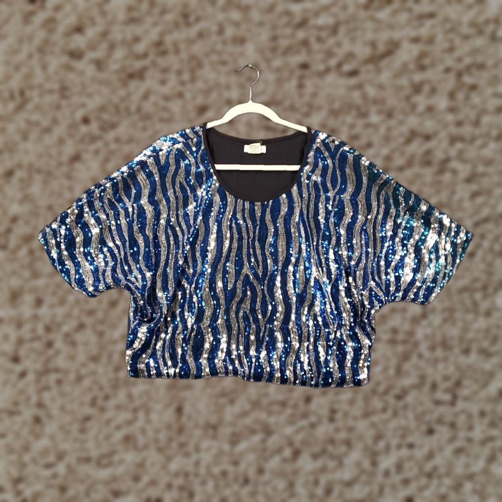 Vintage Sequin Top Womens Medium Blue Black Zebra Print Club Shirt Clubwear Going Out Shirt Womens M Zebra Print Sequin Batwing Sleeve Casual Party/Cocktail Size M / US 6-8 / IT 42-44 - 1 Thumbnail