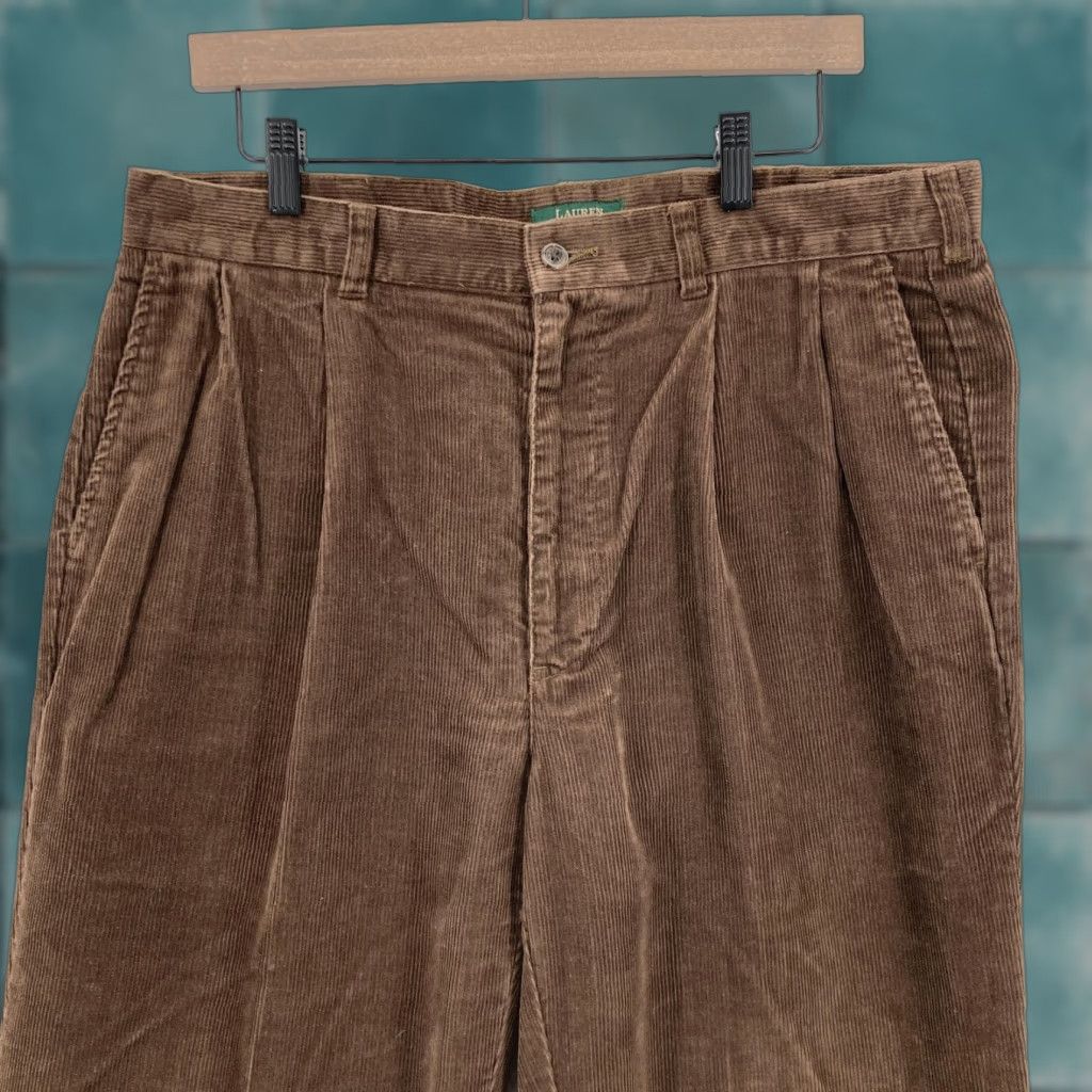 VINTAGE Lauren Ralph Lauren Pants Mens 36x32 Brown Corduroy Pleated Straight Casual Workwear 90s Mens