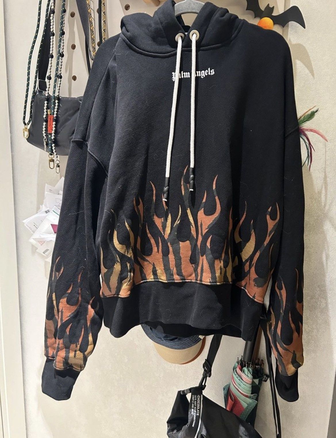 image of Palm Angels Flames Washed Hoodie - Size M in Black, Men's