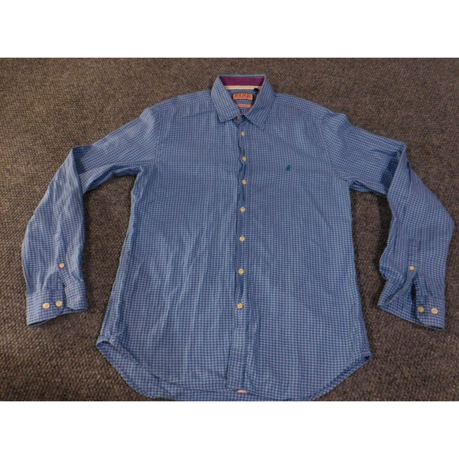 Pinko Thomas Pink Shirt Large Blue Houndstooth Slim Casual Long Sleeve Button Up Mens Size US L / EU 52-54 / 3 - 2 Thumbnail