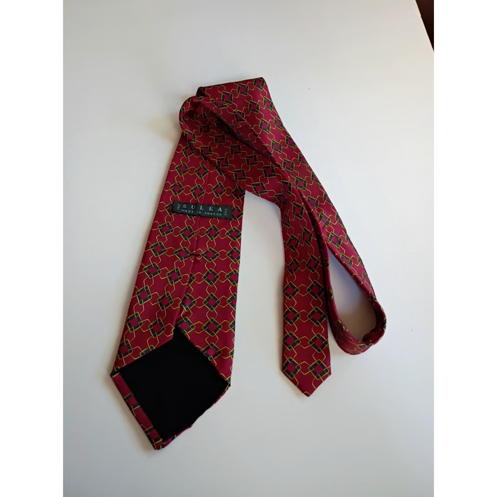 Sulka VINTAGE Sulka Silk Necktie France Geometric Chain Link Design Red Designer Tie Men 57-60" Long 3.75" Wide Size ONE SIZE - 3 Thumbnail